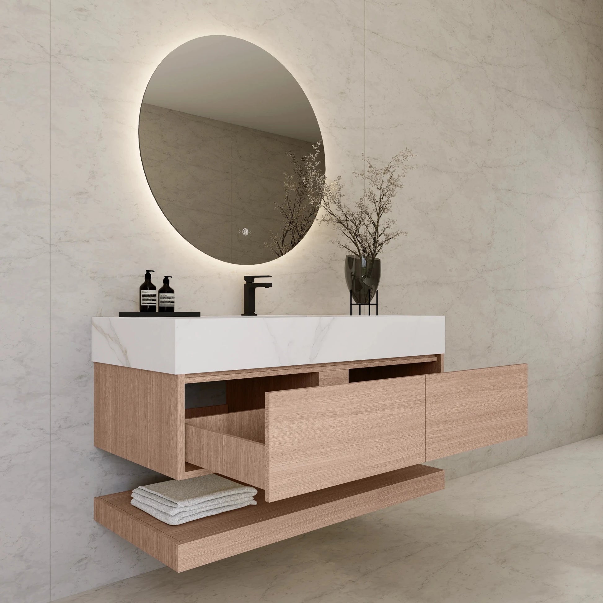 48"/ 60" Smoked Oak Open Shelf Floating Bathroom Vanity - Vanity48"
