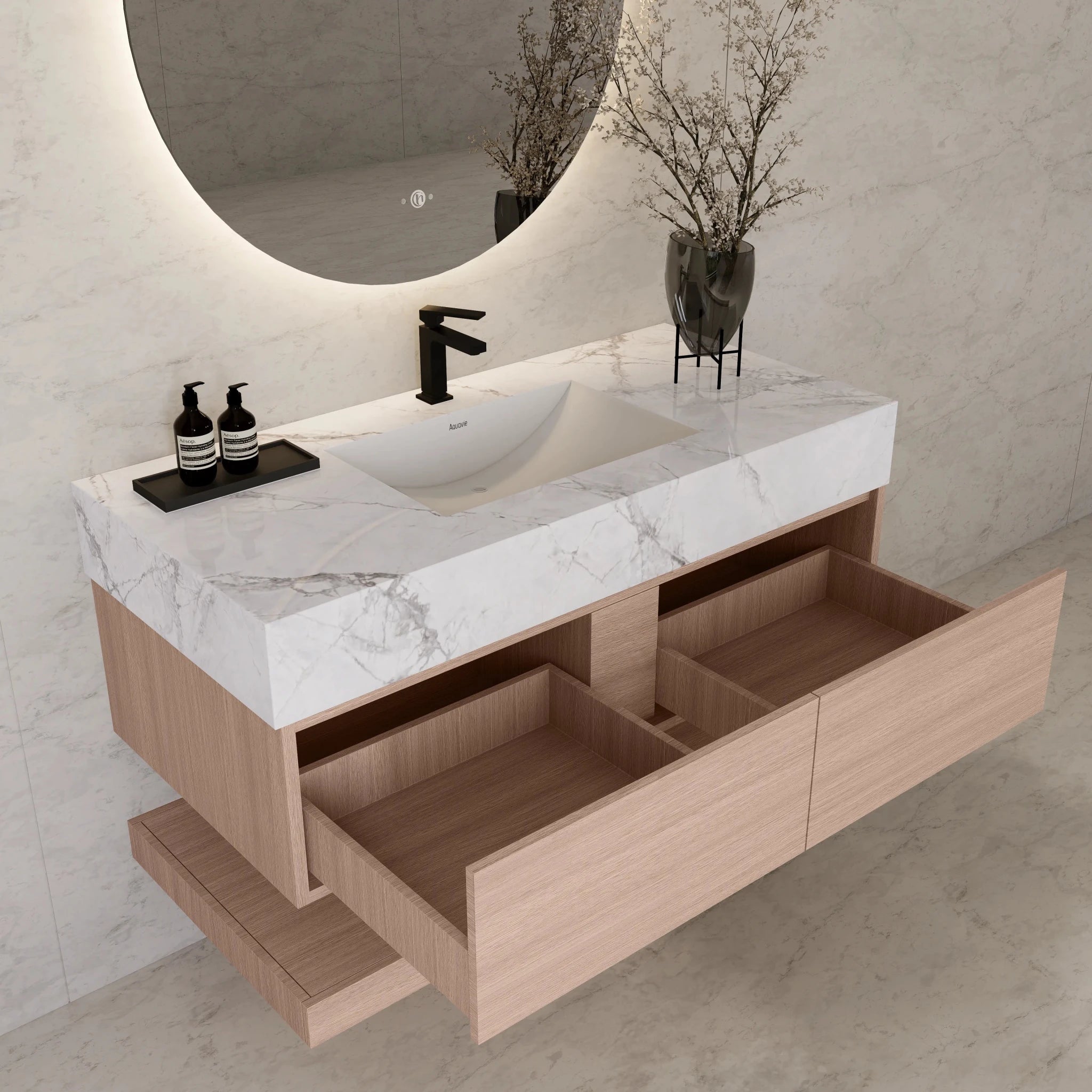 48"/ 60" Smoked Oak Open Shelf Floating Bathroom Vanity - Vanity48"