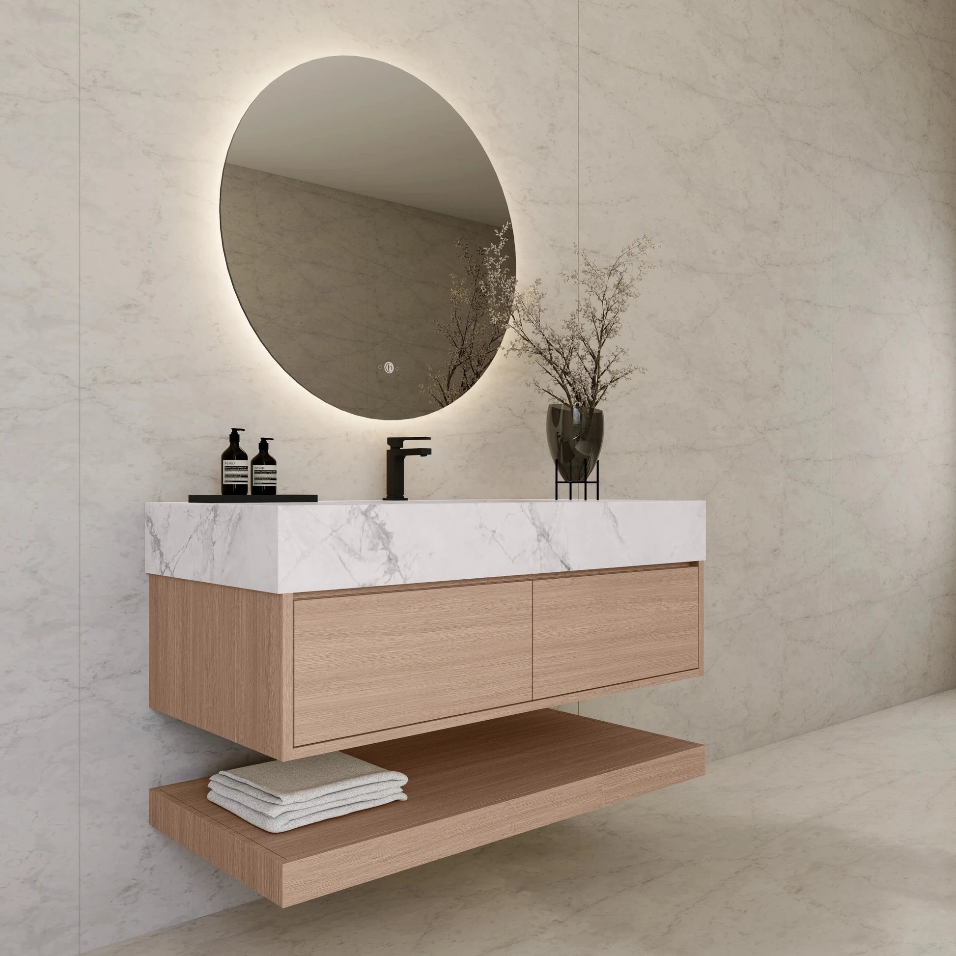 48"/ 60" Smoked Oak Open Shelf Floating Bathroom Vanity - Vanity48"