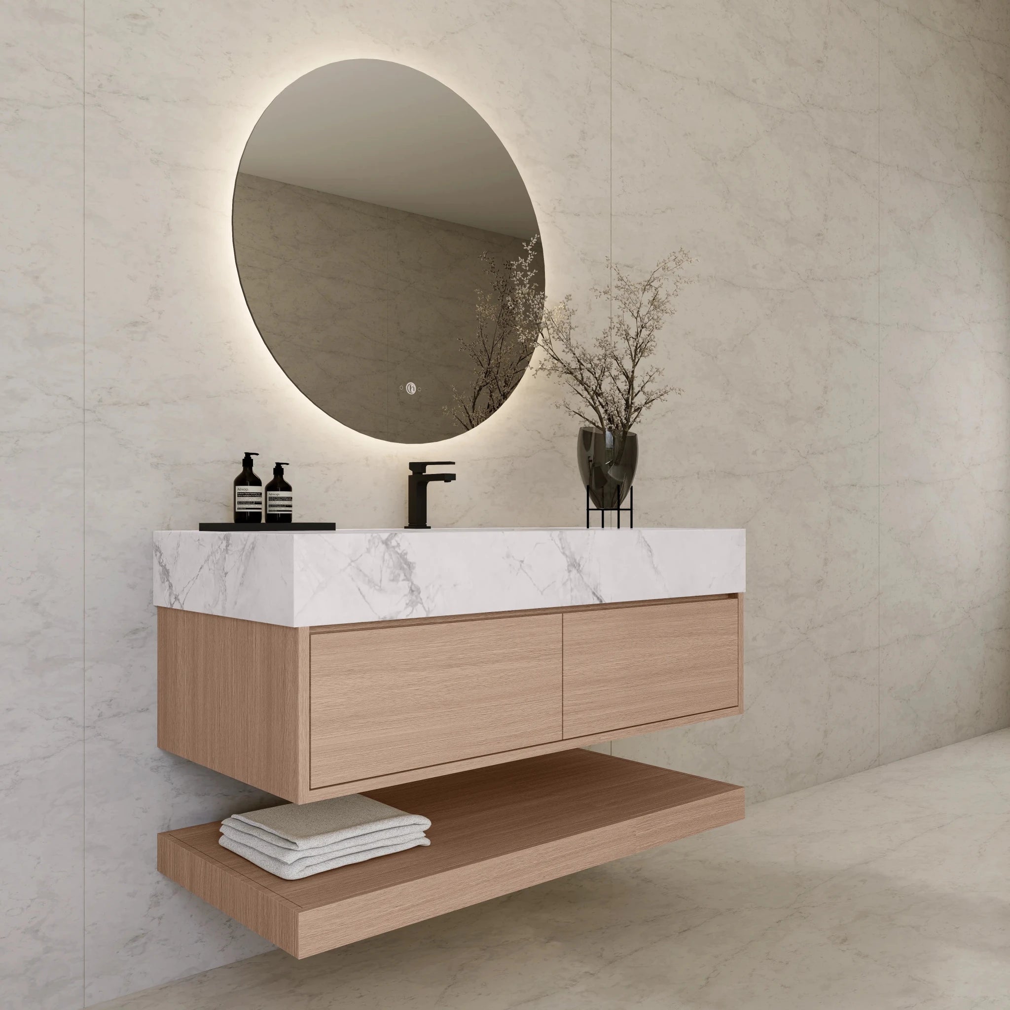 48"/ 60" Smoked Oak Open Shelf Floating Bathroom Vanity - Vanity48"