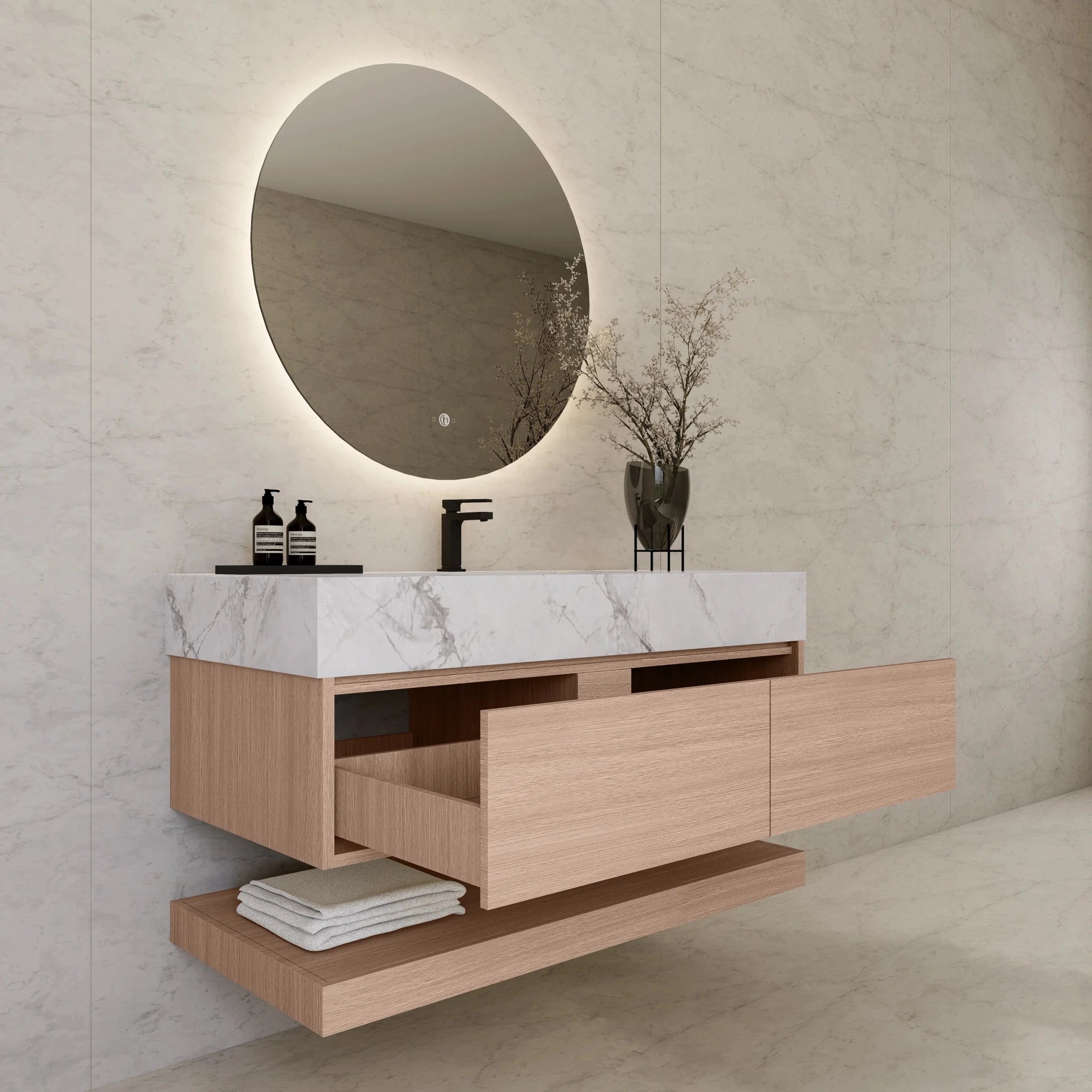 48"/ 60" Smoked Oak Open Shelf Floating Bathroom Vanity - Vanity48"