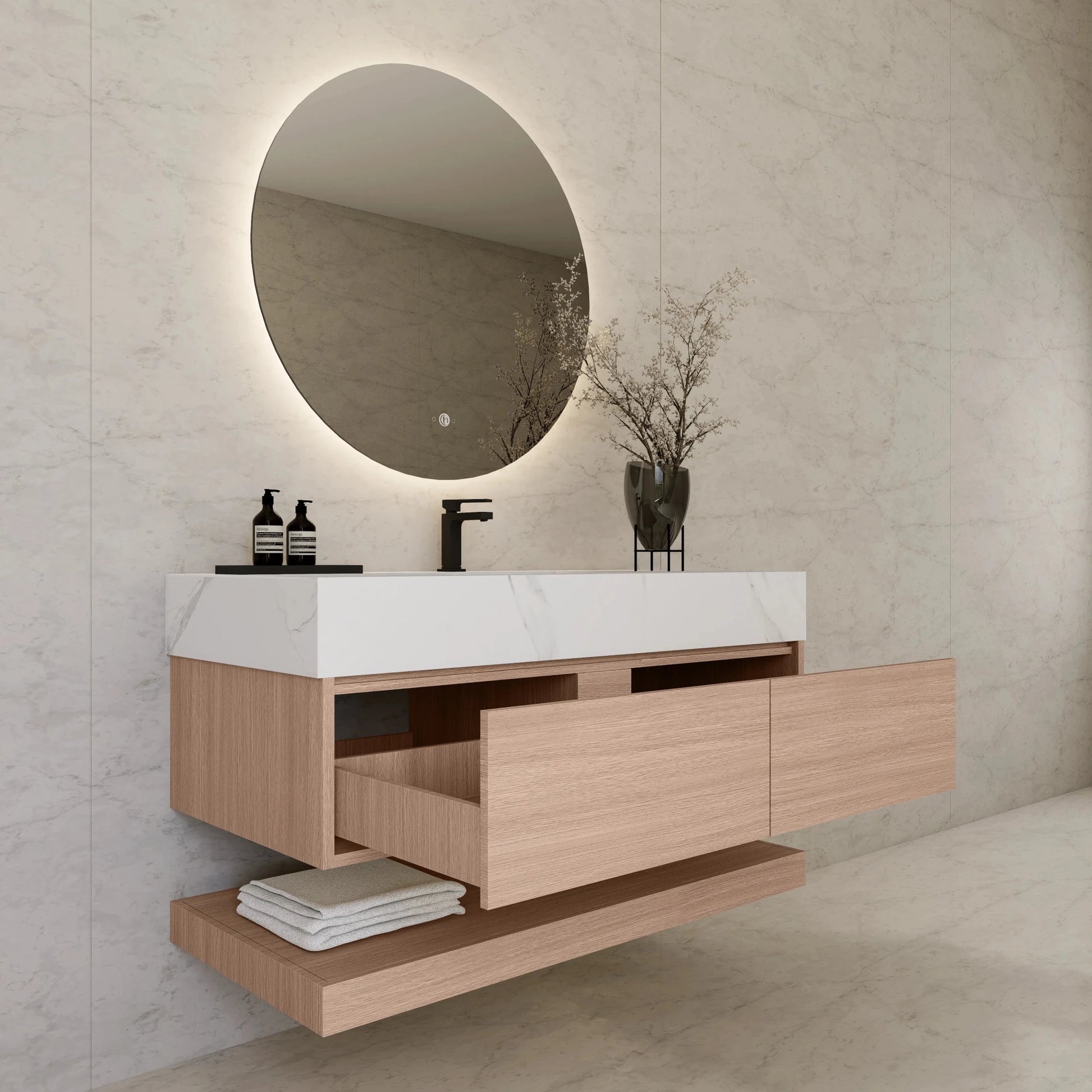 48"/ 60" Smoked Oak Open Shelf Floating Bathroom Vanity - Vanity48"