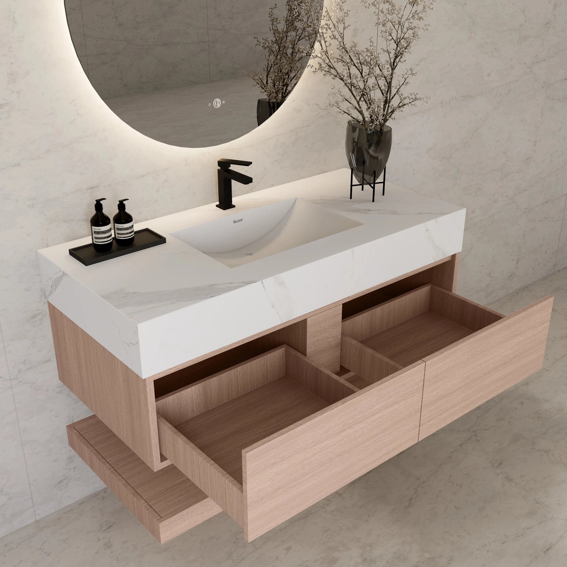 48"/ 60" Smoked Oak Open Shelf Floating Bathroom Vanity - Vanity48"
