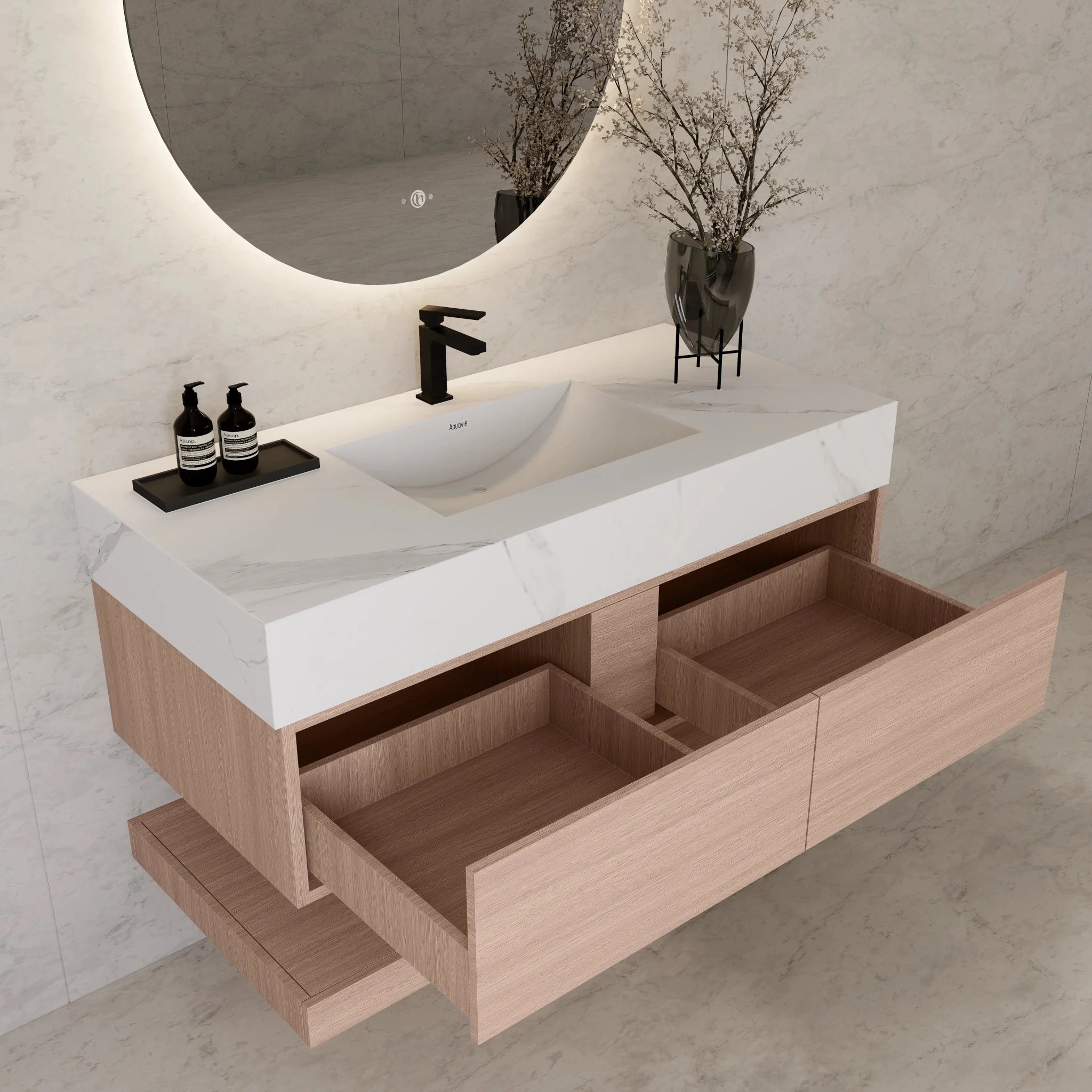 48"/ 60" Smoked Oak Open Shelf Floating Bathroom Vanity - Vanity48"