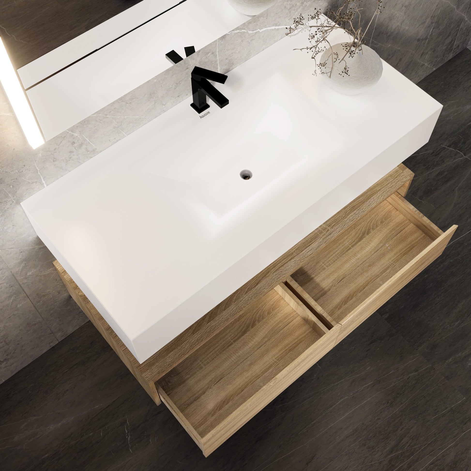 48"/ 60" Wall Mount Bathroom Vanity - Stone Integrated Basin & Plywood Cabinet - VanityLight Oak