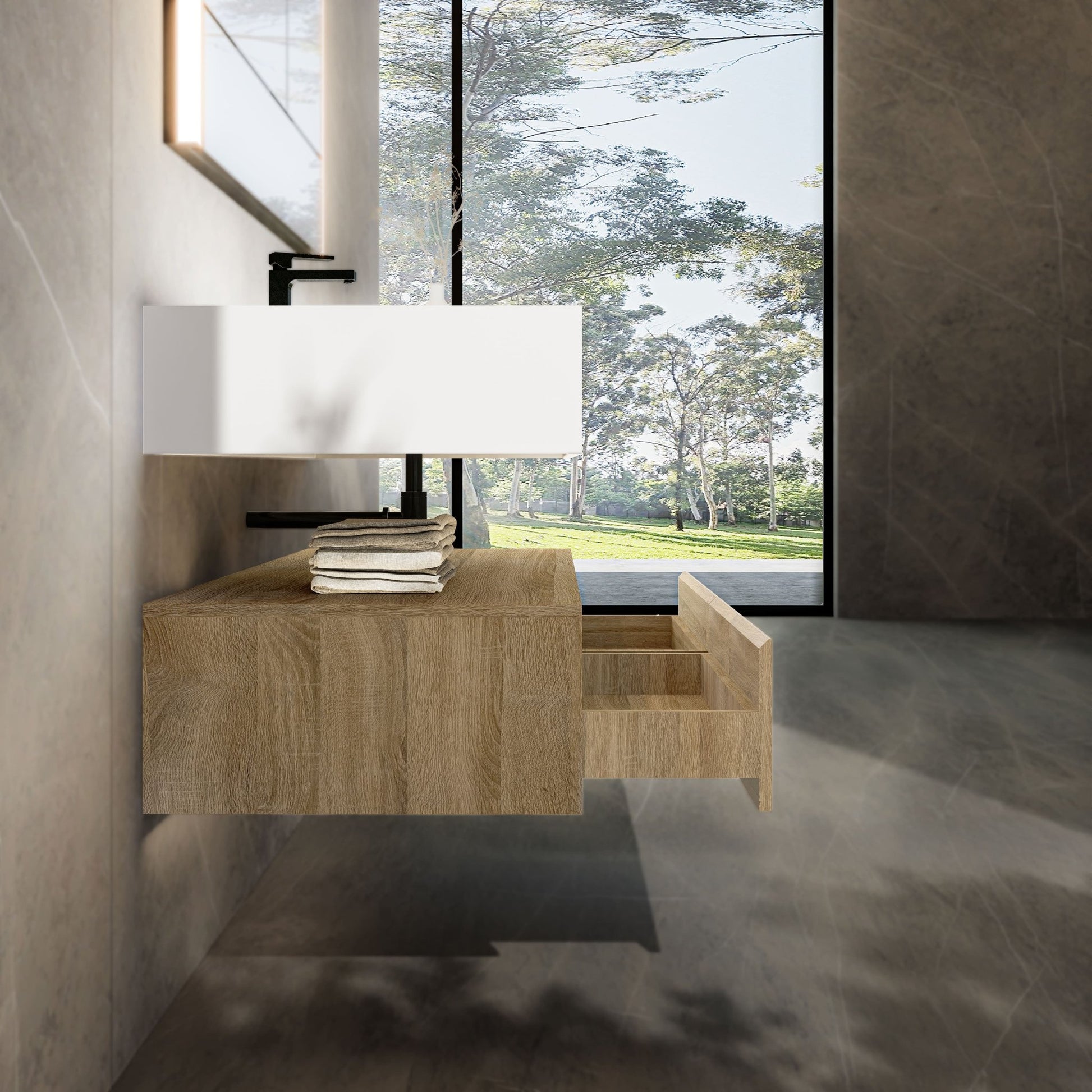 48"/ 60" Wall Mount Bathroom Vanity - Stone Integrated Basin & Plywood Cabinet - VanityLight Oak