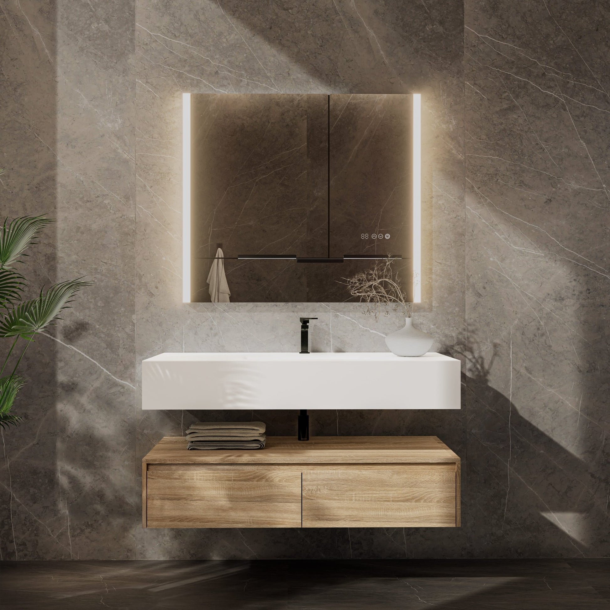 48"/ 60" Wall Mount Bathroom Vanity - Stone Integrated Basin & Plywood Cabinet - VanityLight Oak