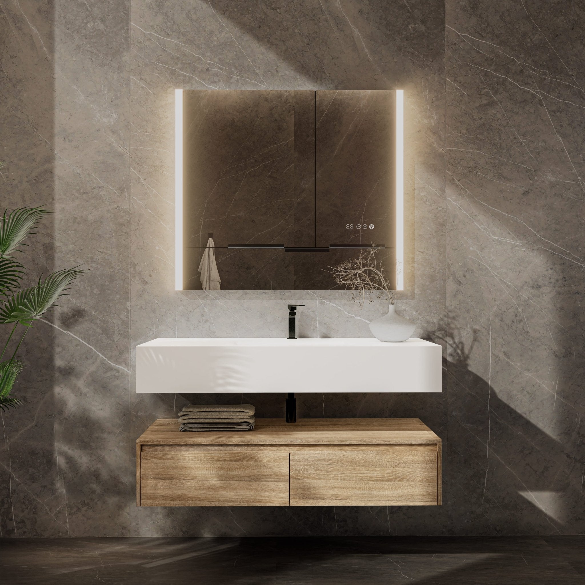 48"/ 60" Wall Mount Bathroom Vanity - Stone Integrated Basin & Plywood Cabinet - VanityLight Oak