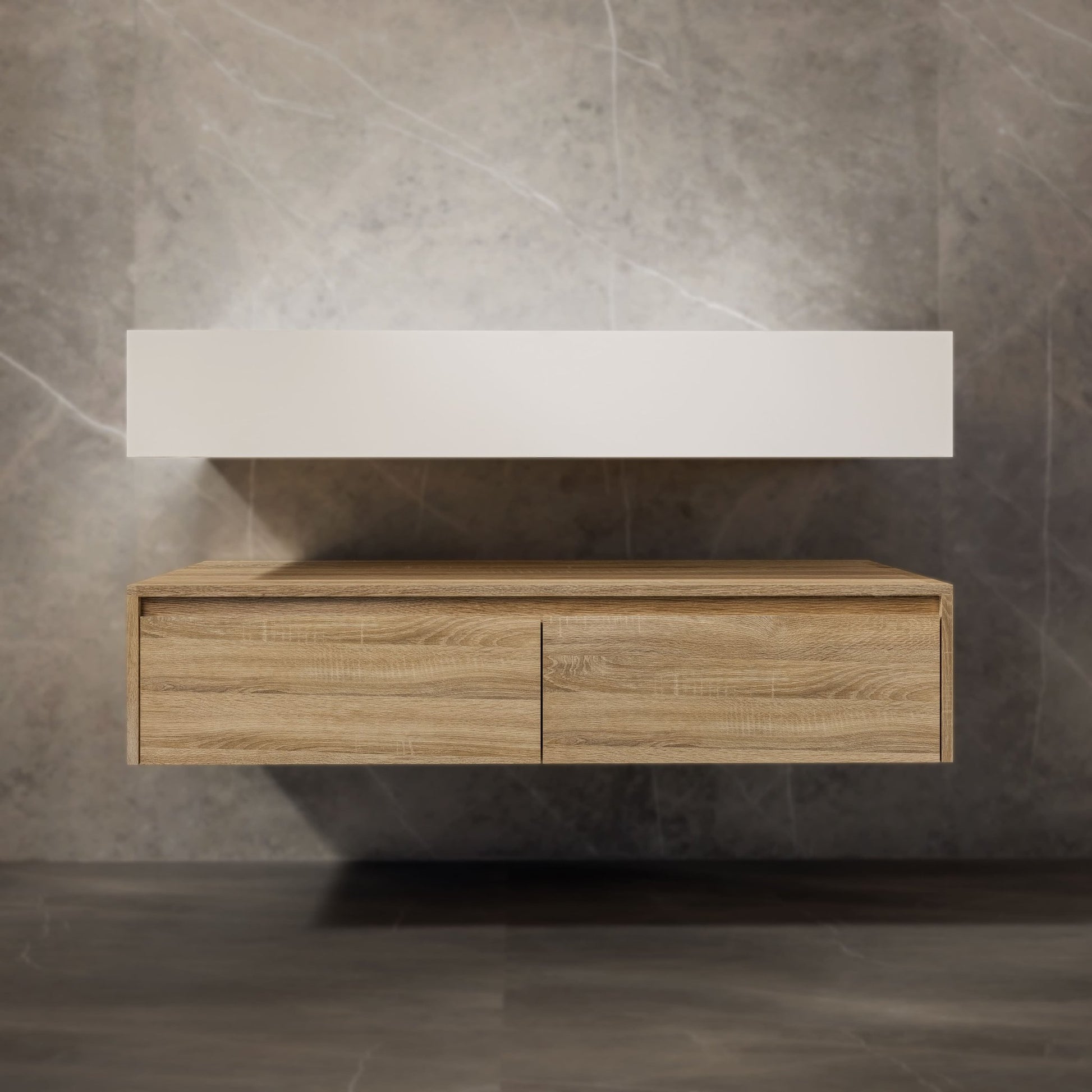 48"/ 60" Wall Mount Bathroom Vanity - Stone Integrated Basin & Plywood Cabinet - VanityLight Oak