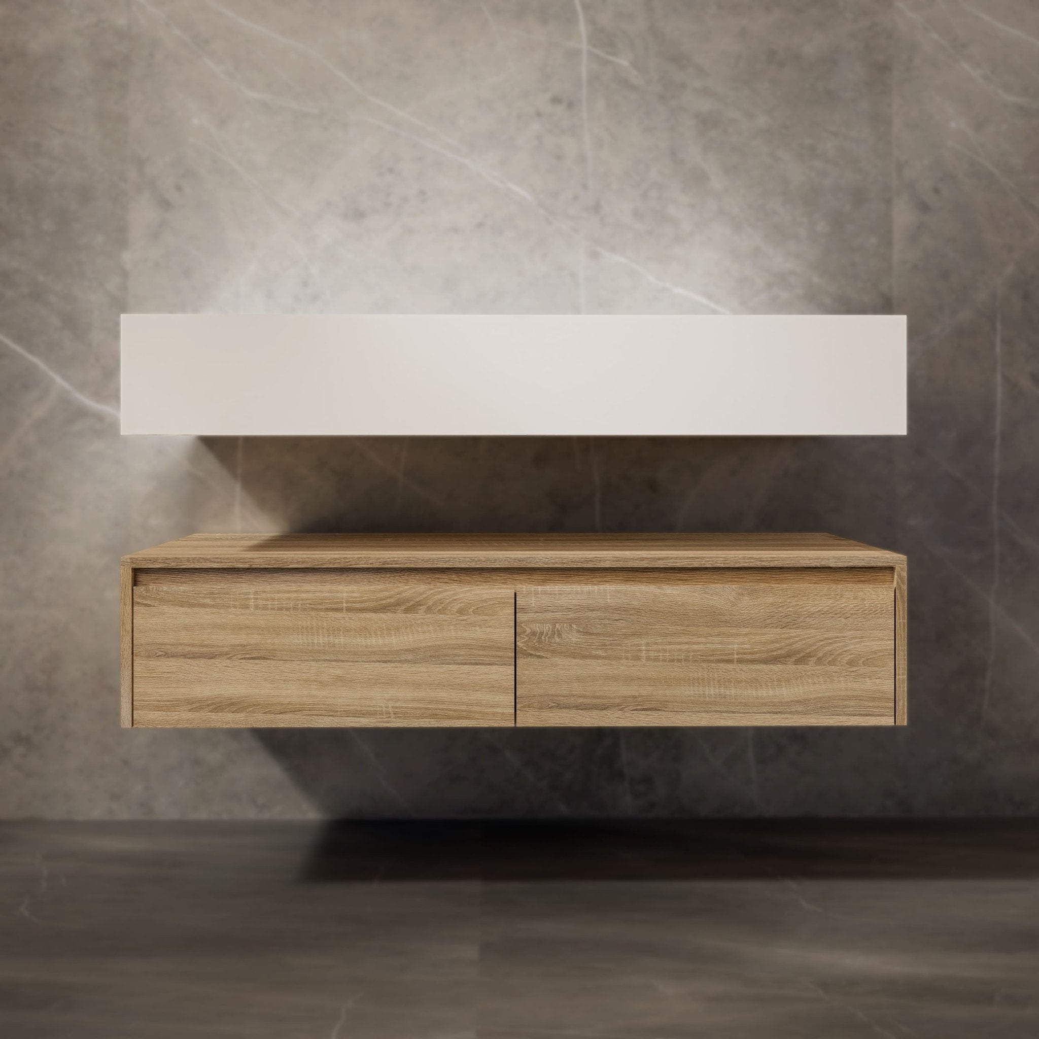 48"/ 60" Wall Mount Bathroom Vanity - Stone Integrated Basin & Plywood Cabinet - VanityLight Oak