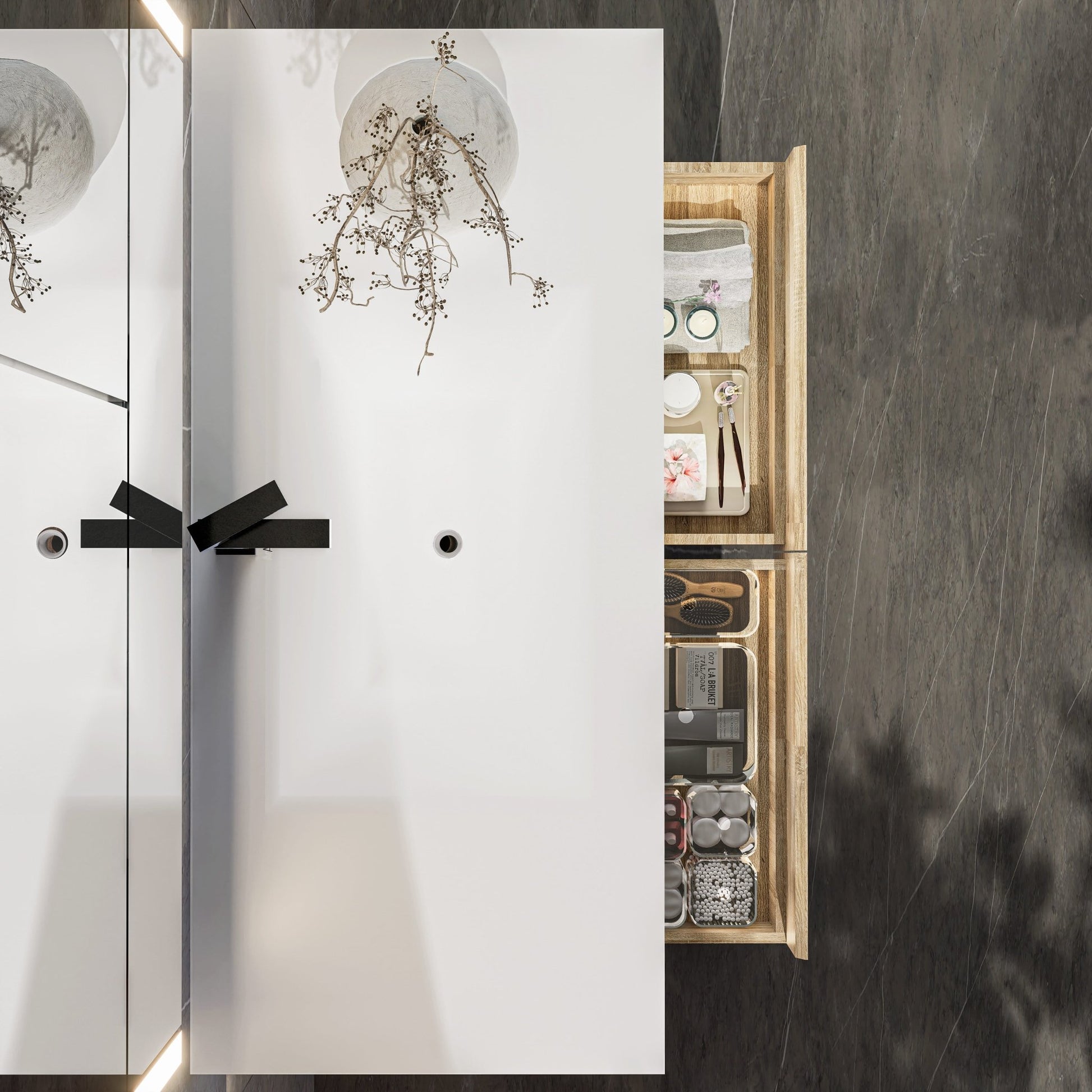 48"/ 60" Wall Mount Bathroom Vanity - Stone Integrated Basin & Plywood Cabinet - VanityLight Oak