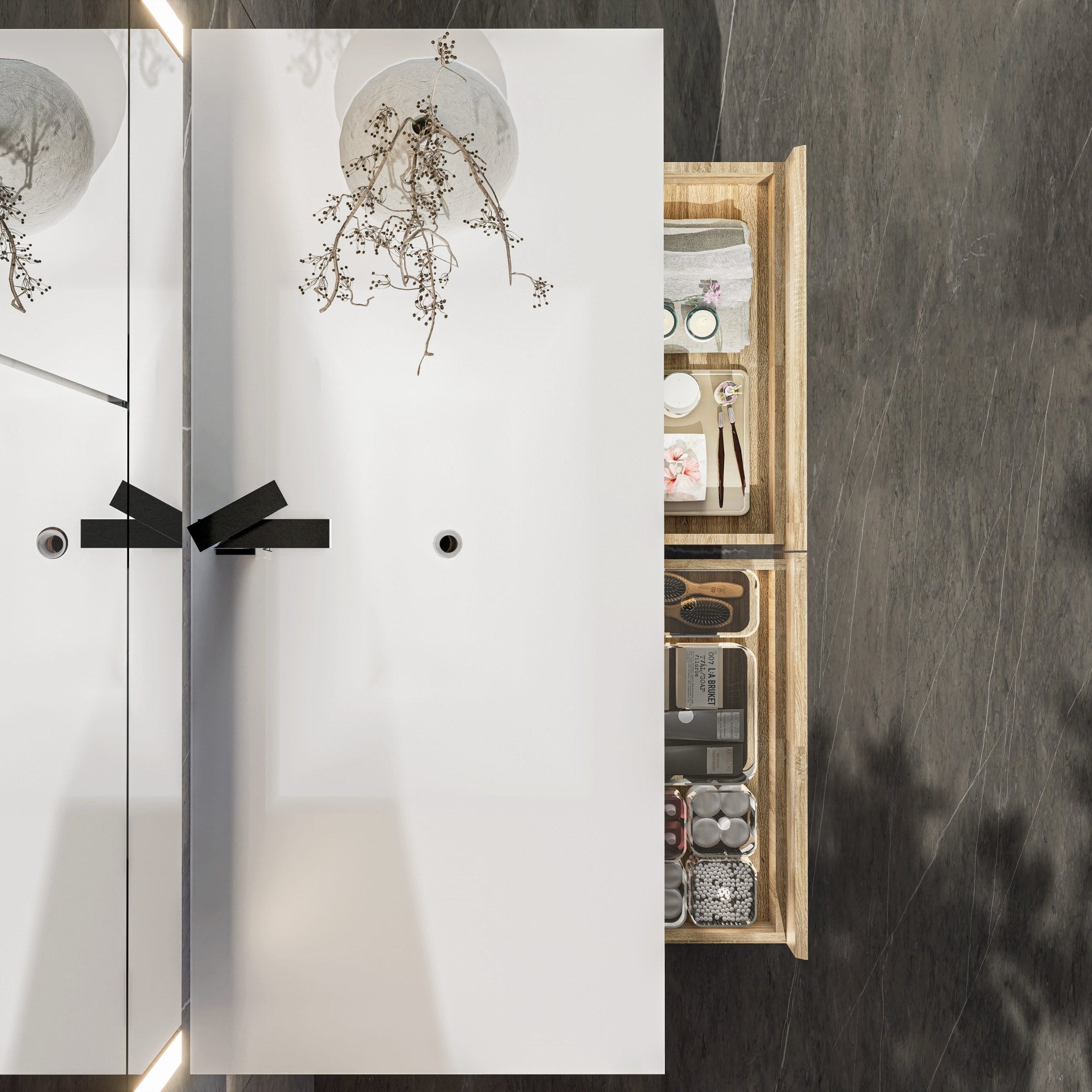 48"/ 60" Wall Mount Bathroom Vanity - Stone Integrated Basin & Plywood Cabinet - VanityLight Oak