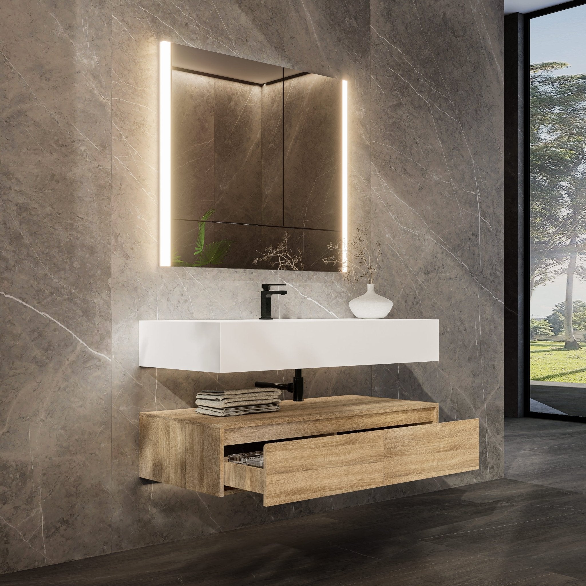 48"/ 60" Wall Mount Bathroom Vanity - Stone Integrated Basin & Plywood Cabinet - VanityLight Oak
