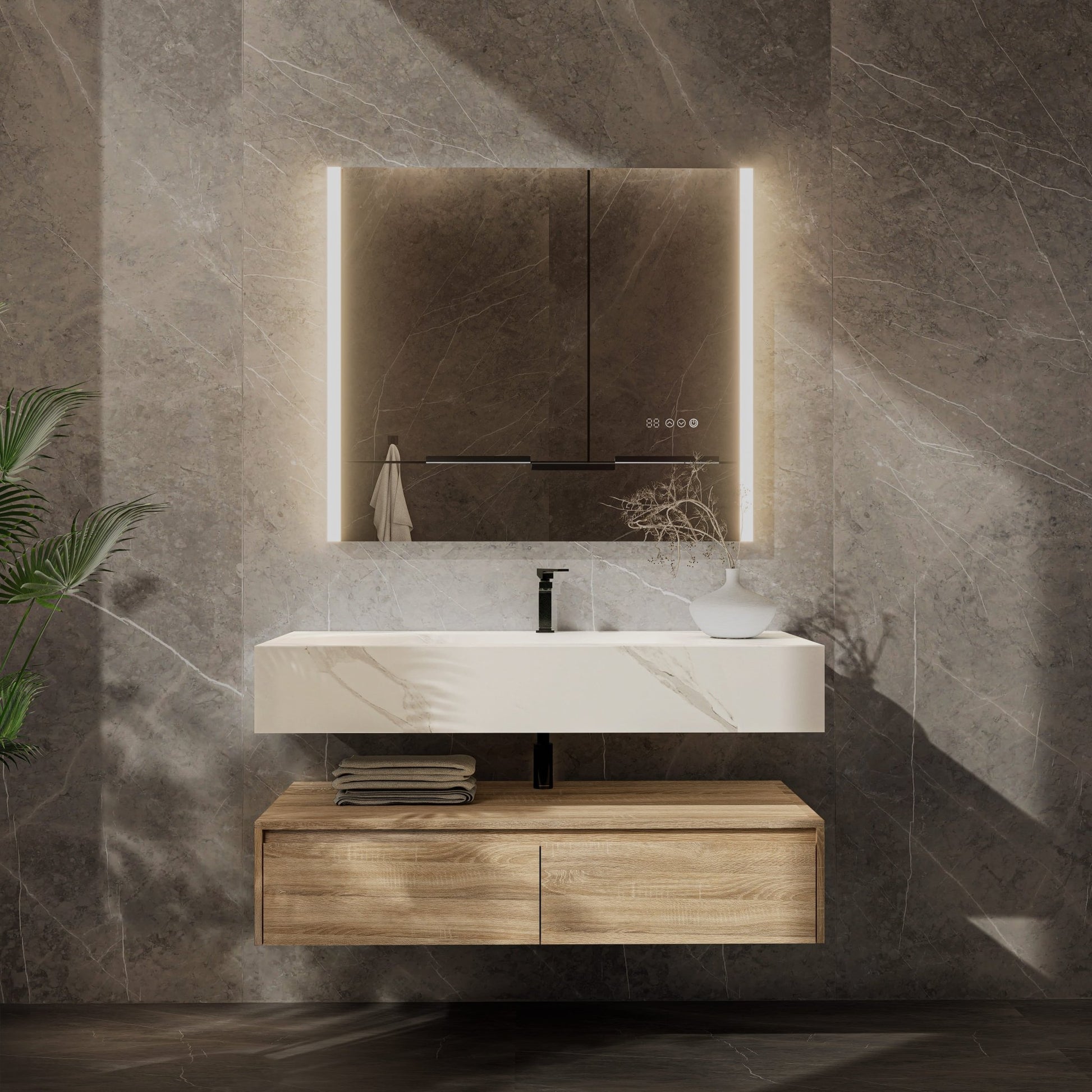 48"/ 60" Wall Mount Bathroom Vanity - Stone Integrated Basin & Plywood Cabinet - VanityLight Oak