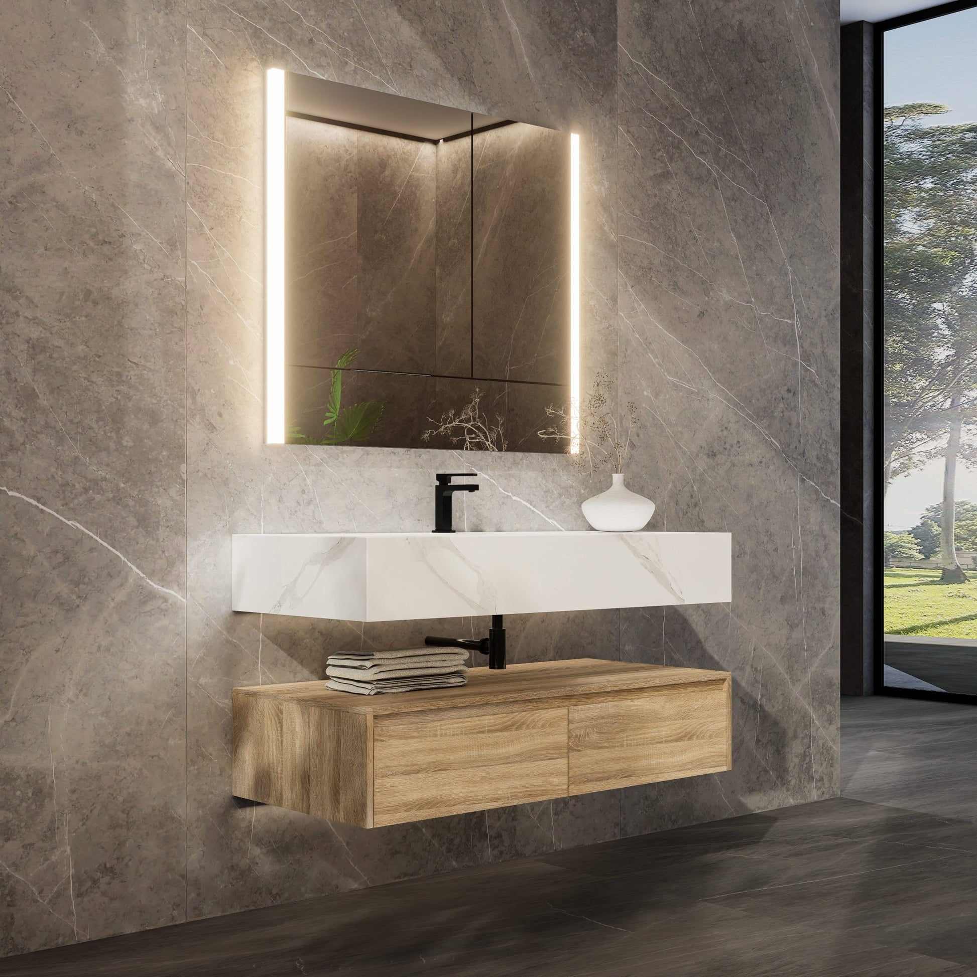 48"/ 60" Wall Mount Bathroom Vanity - Stone Integrated Basin & Plywood Cabinet - VanityLight Oak