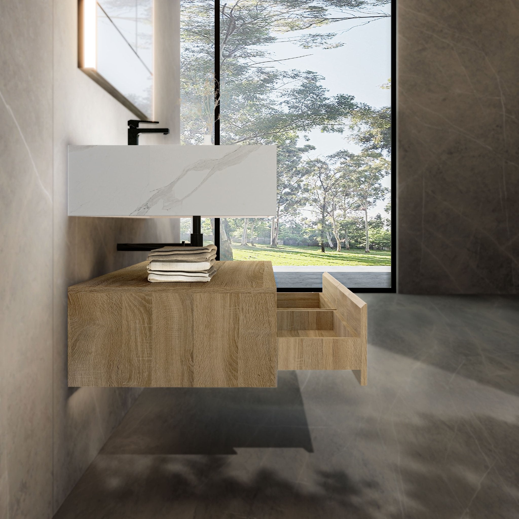 48"/ 60" Wall Mount Bathroom Vanity - Stone Integrated Basin & Plywood Cabinet - VanityLight Oak