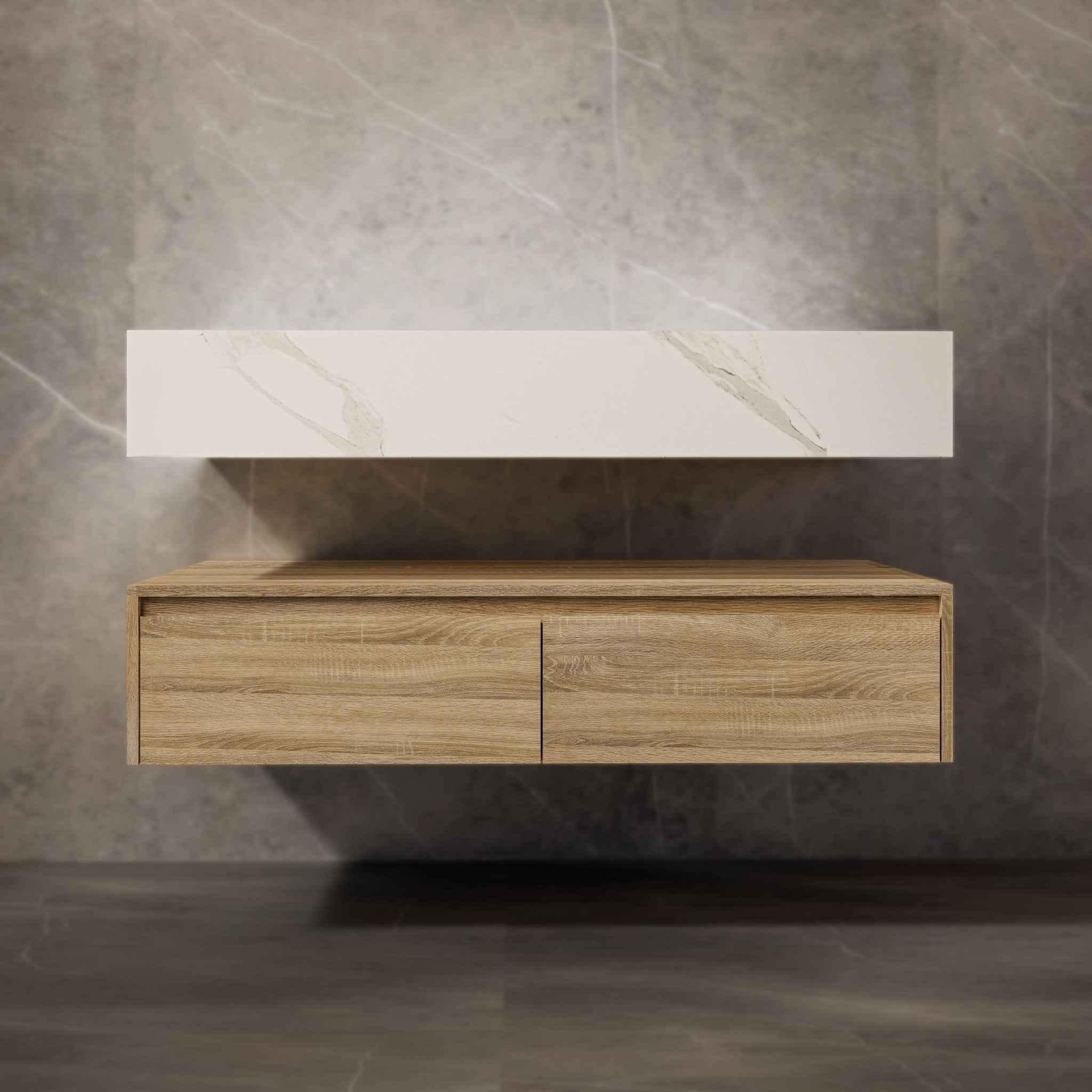 48"/ 60" Wall Mount Bathroom Vanity - Stone Integrated Basin & Plywood Cabinet - VanityLight Oak