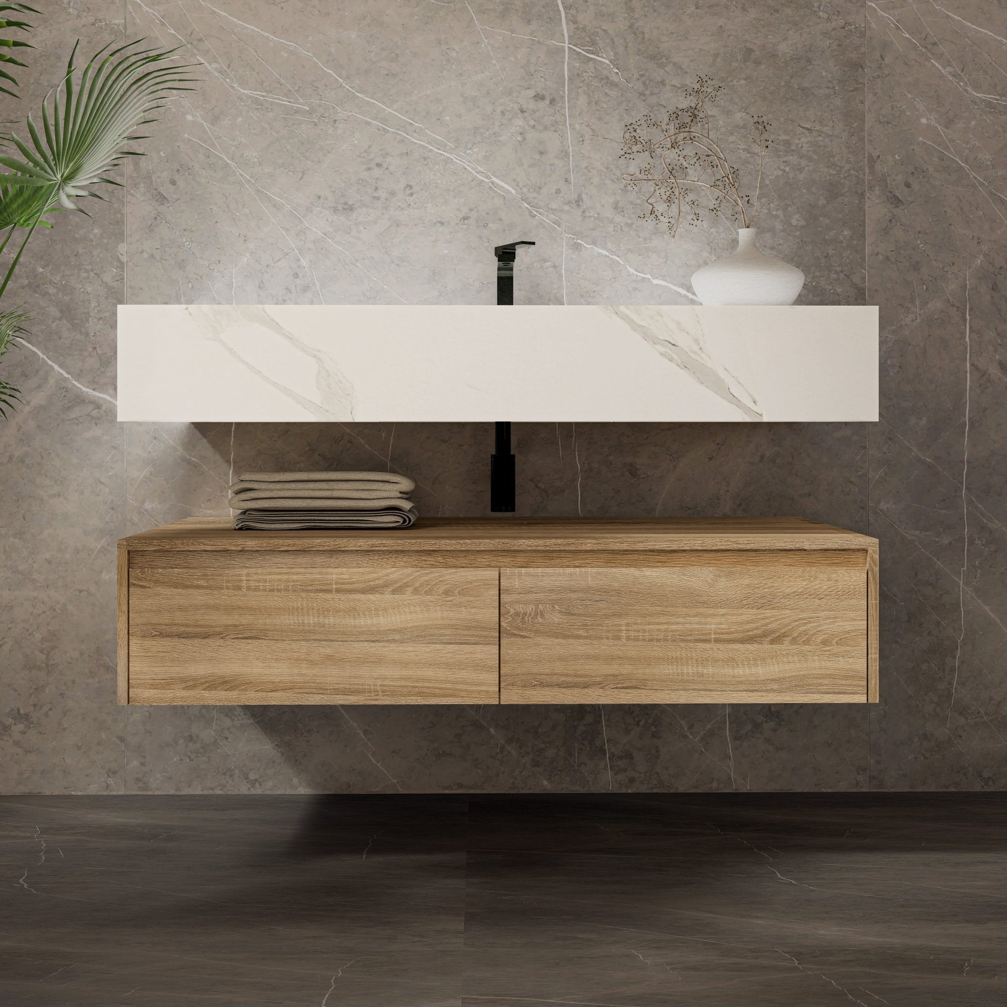 48"/ 60" Wall Mount Bathroom Vanity - Stone Integrated Basin & Plywood Cabinet - VanityLight Oak