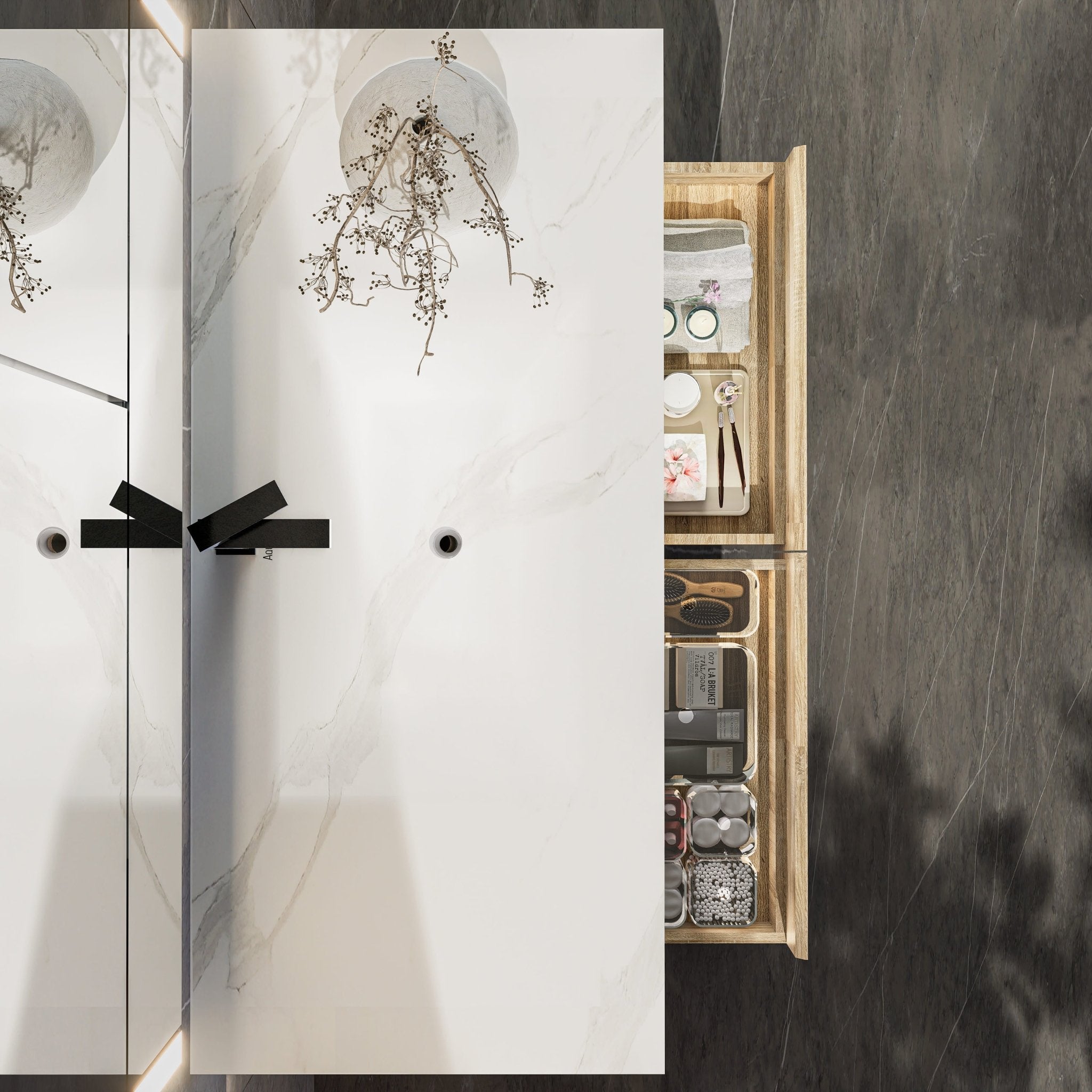 48"/ 60" Wall Mount Bathroom Vanity - Stone Integrated Basin & Plywood Cabinet - VanityLight Oak