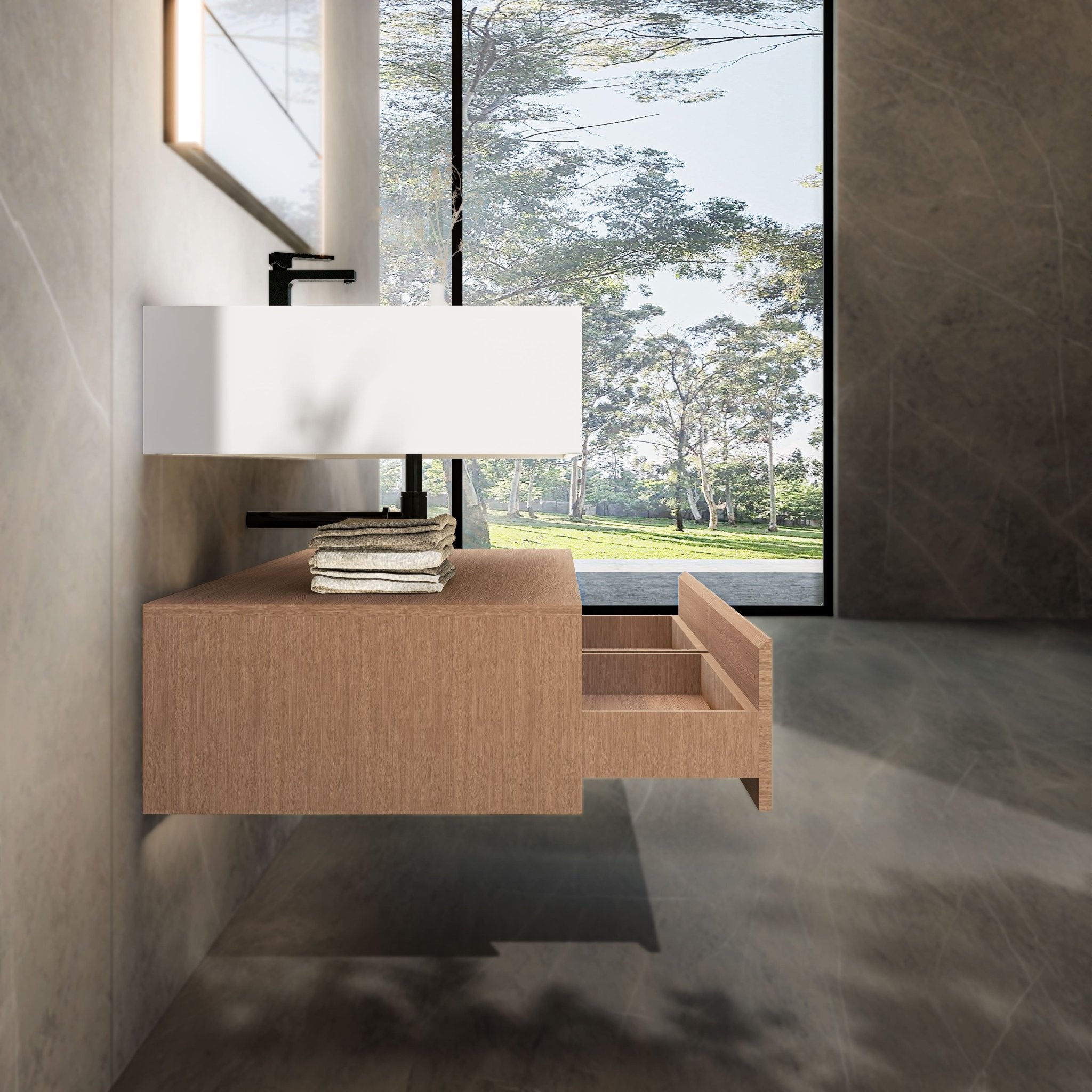 48"/ 60" Wall Mount Bathroom Vanity - Stone Integrated Basin & Plywood Cabinet - VanitySmoked Oak