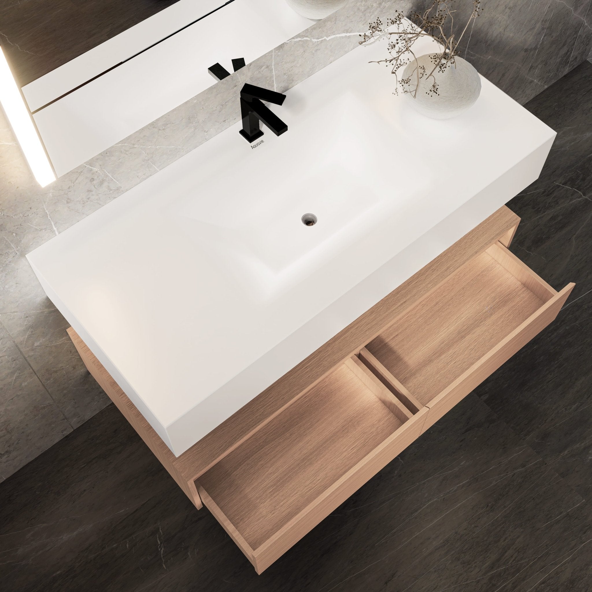 48"/ 60" Wall Mount Bathroom Vanity - Stone Integrated Basin & Plywood Cabinet - VanitySmoked Oak