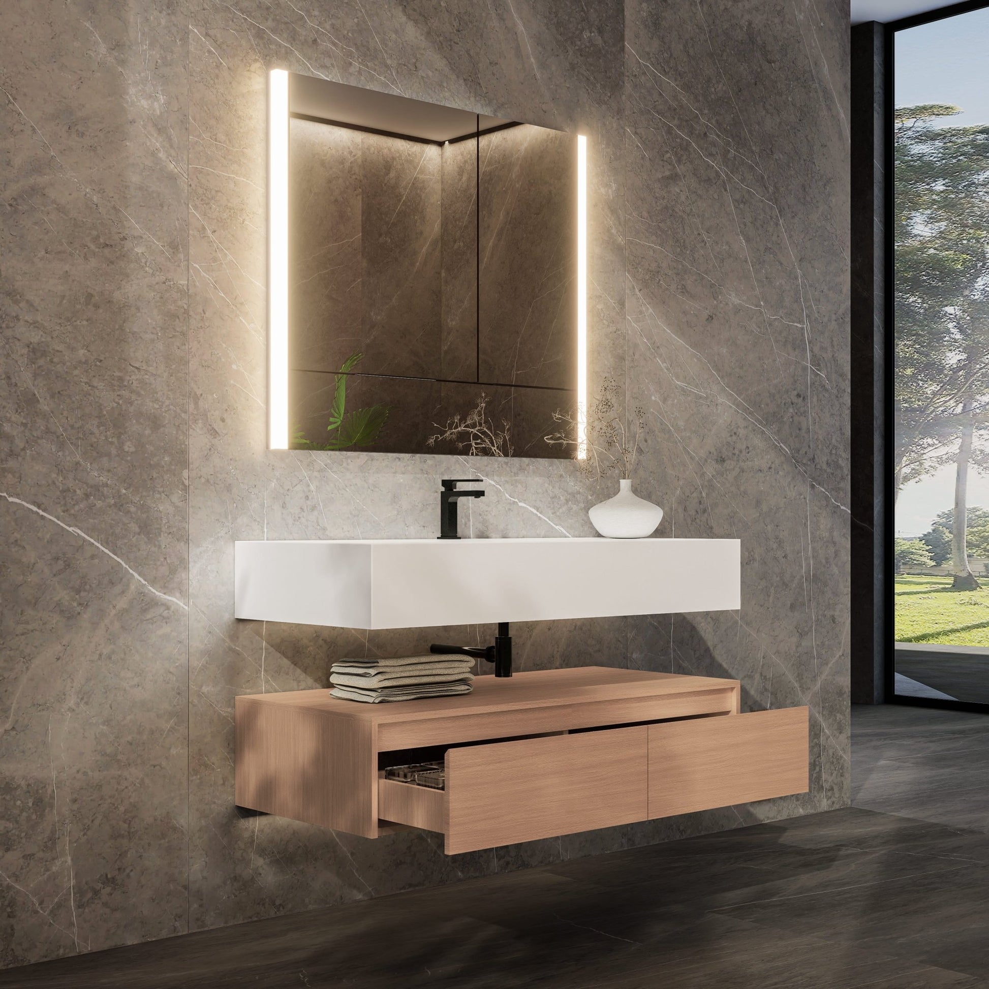 48"/ 60" Wall Mount Bathroom Vanity - Stone Integrated Basin & Plywood Cabinet - VanitySmoked Oak