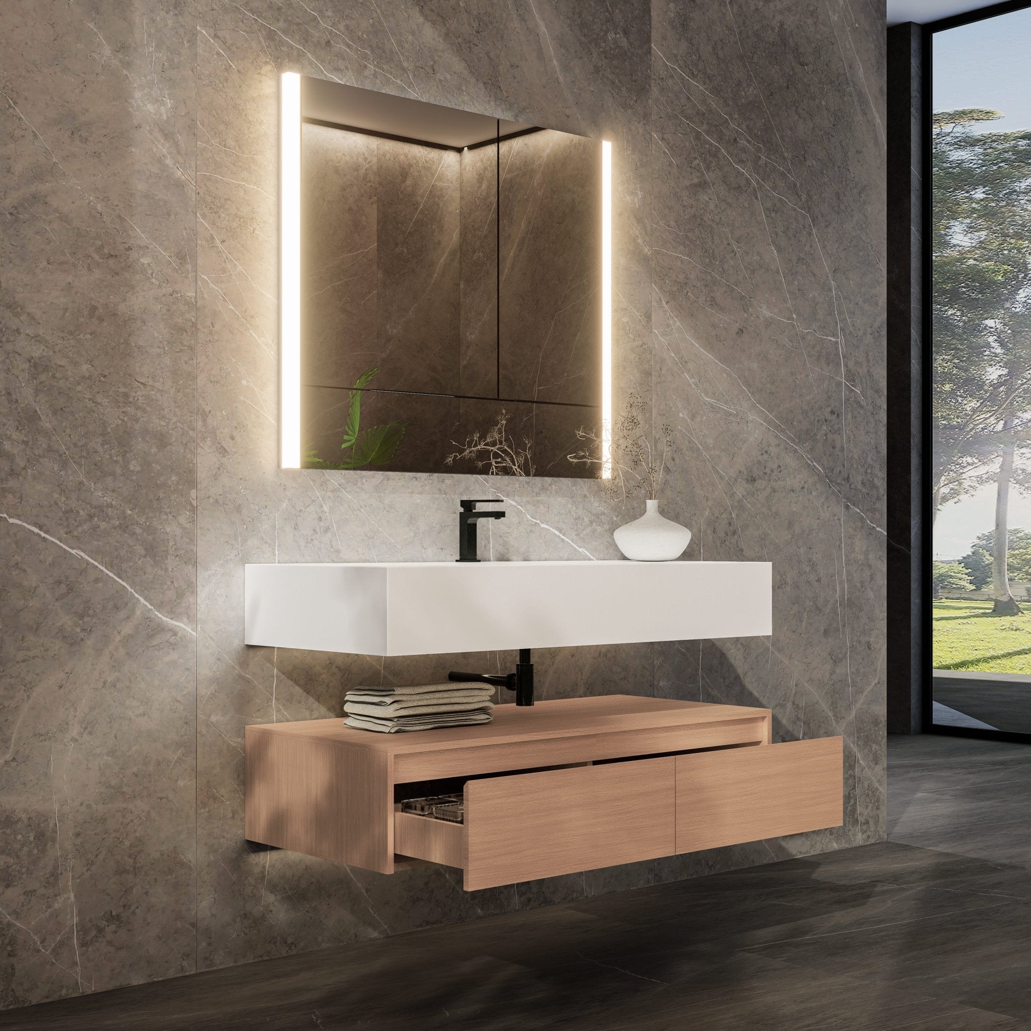 48"/ 60" Wall Mount Bathroom Vanity - Stone Integrated Basin & Plywood Cabinet - VanitySmoked Oak