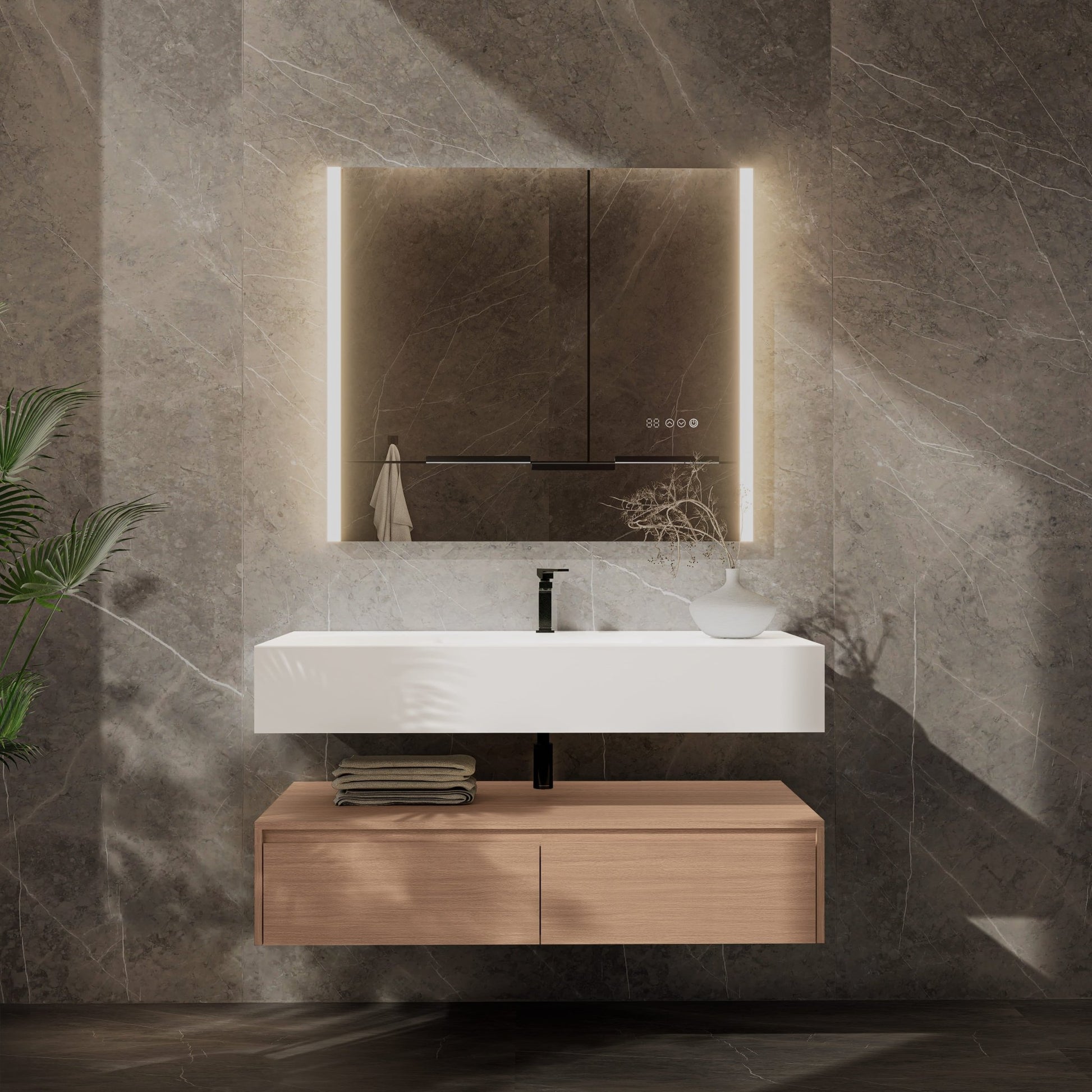 48"/ 60" Wall Mount Bathroom Vanity - Stone Integrated Basin & Plywood Cabinet - VanitySmoked Oak