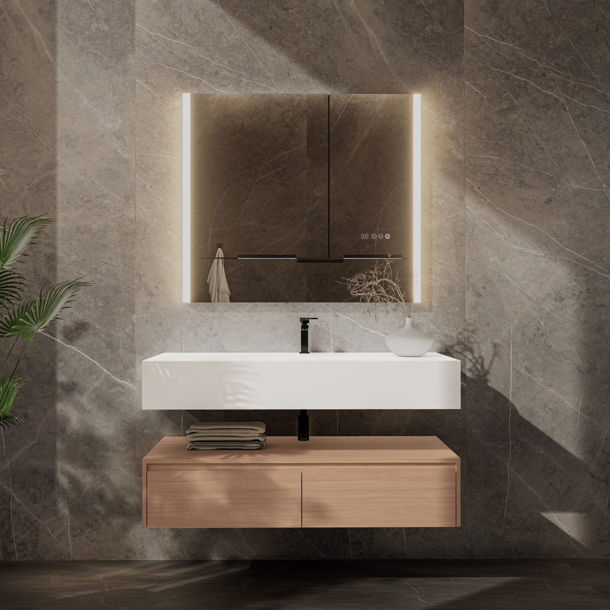 48"/ 60" Wall Mount Bathroom Vanity - Stone Integrated Basin & Plywood Cabinet - VanitySmoked Oak