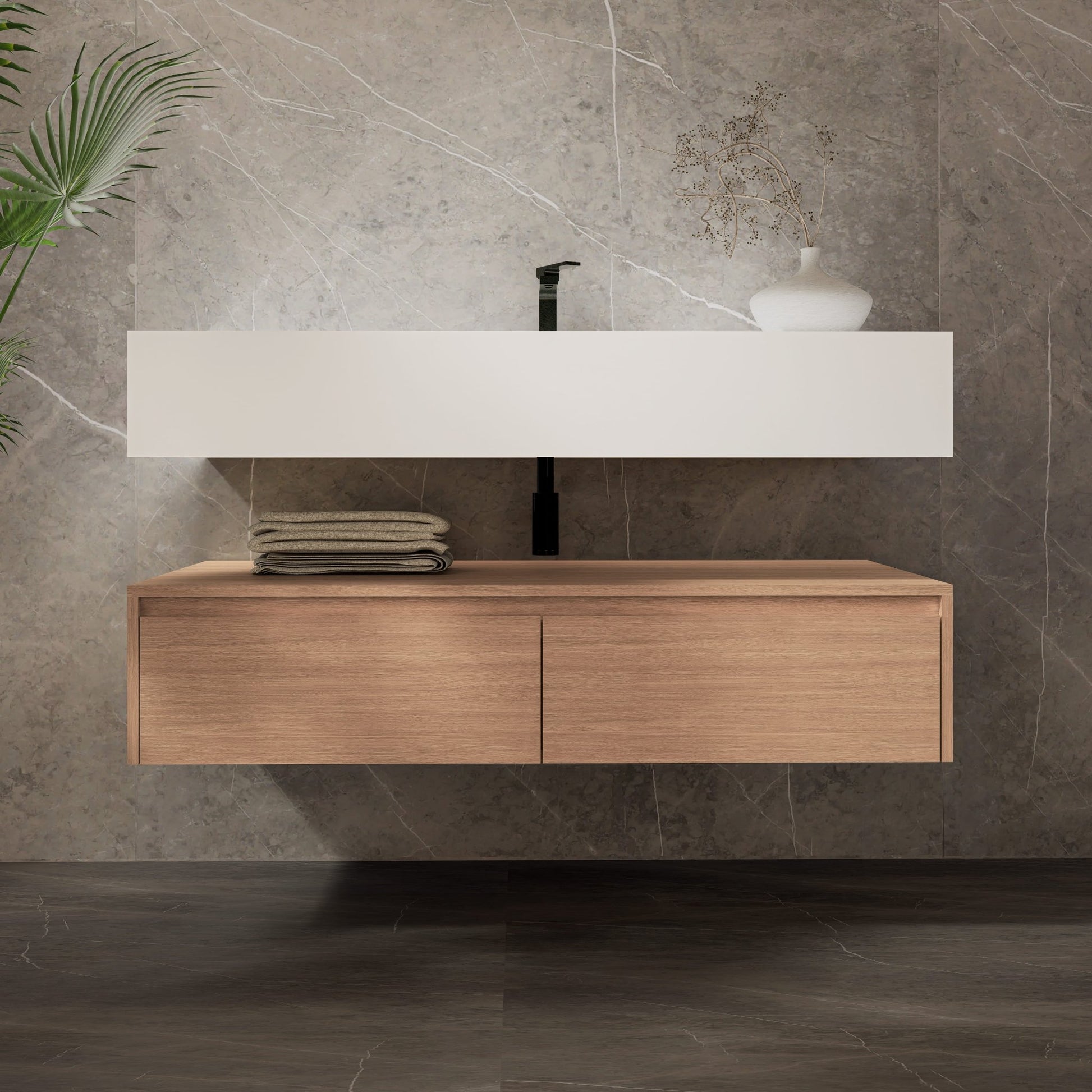 48"/ 60" Wall Mount Bathroom Vanity - Stone Integrated Basin & Plywood Cabinet - VanitySmoked Oak