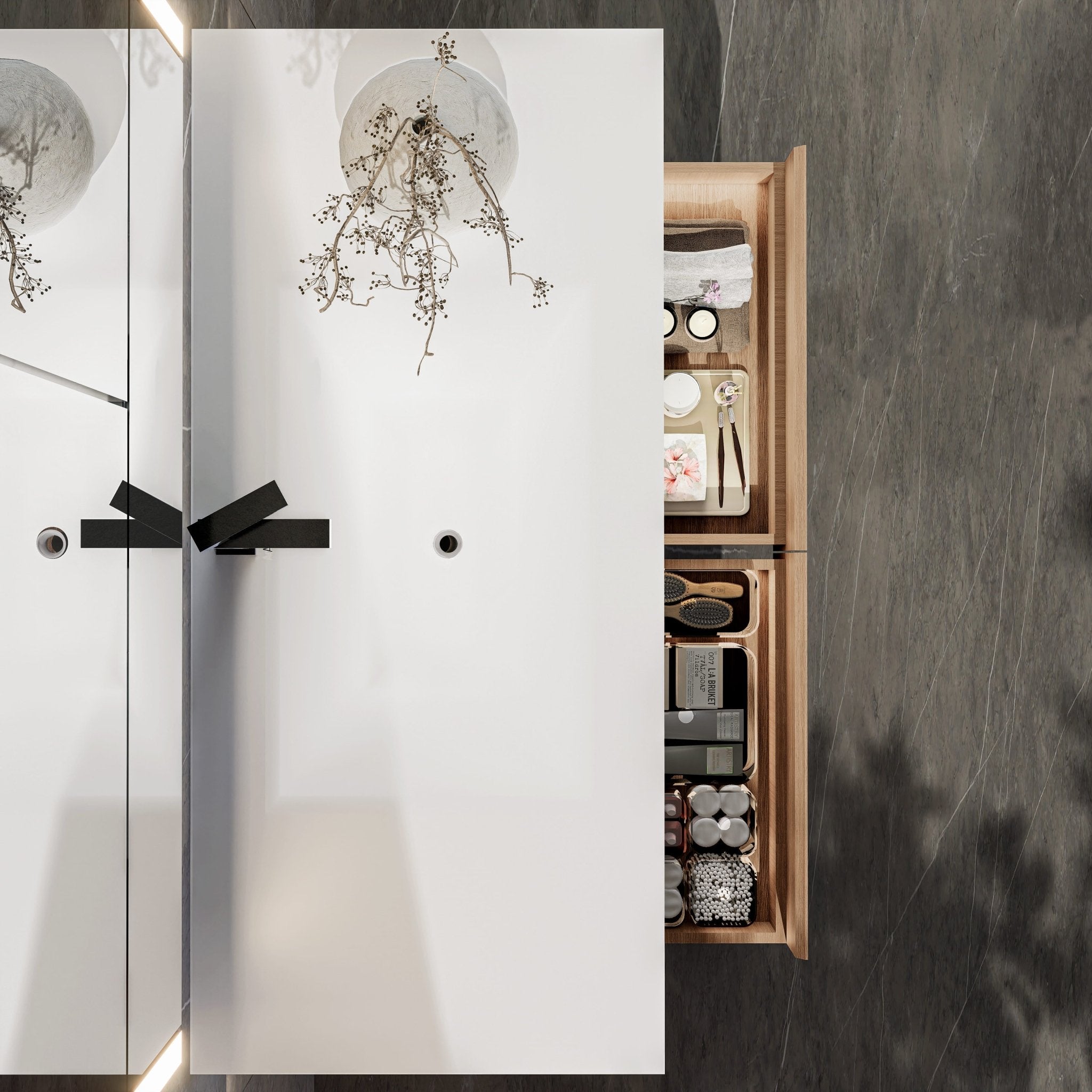 48"/ 60" Wall Mount Bathroom Vanity - Stone Integrated Basin & Plywood Cabinet - VanitySmoked Oak