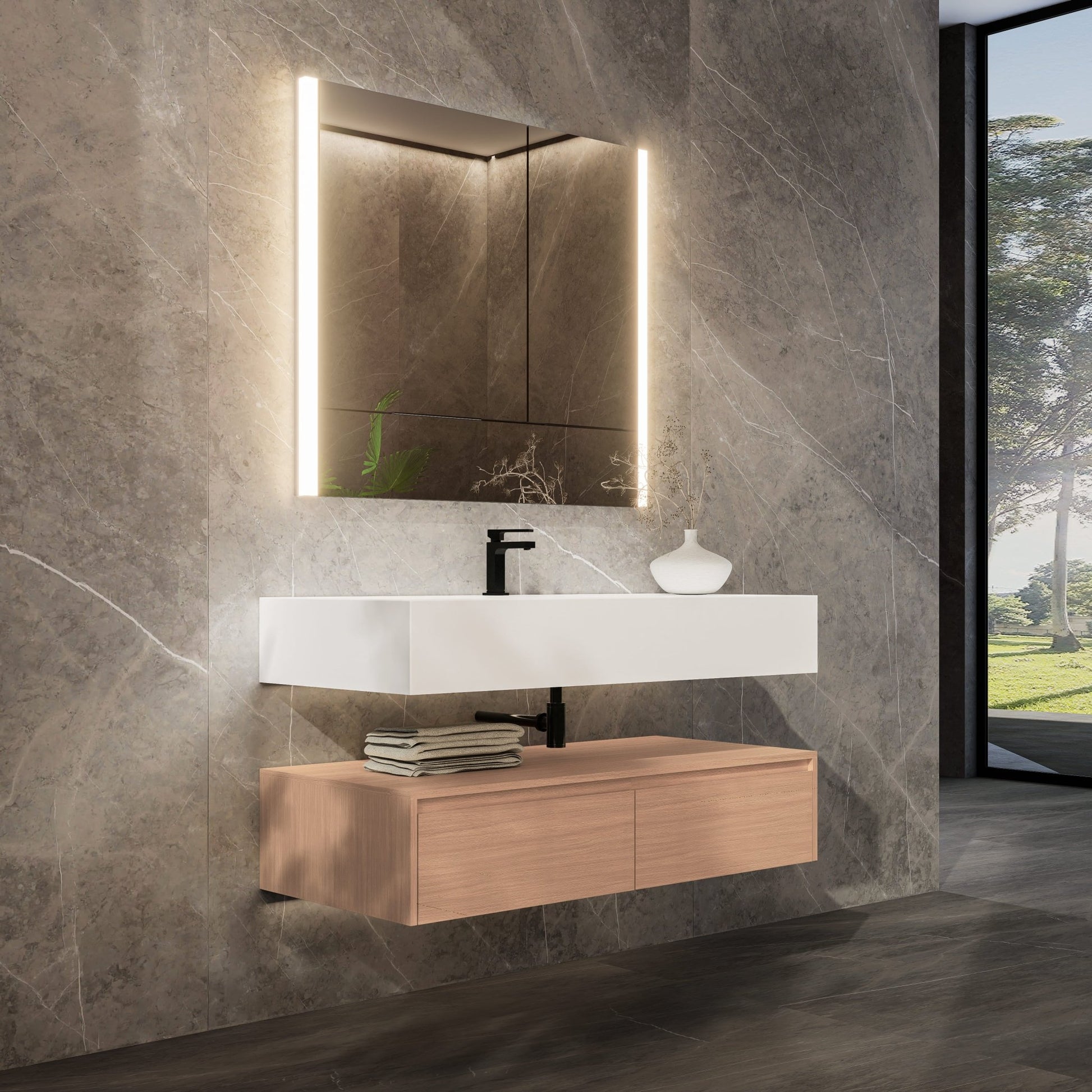 48"/ 60" Wall Mount Bathroom Vanity - Stone Integrated Basin & Plywood Cabinet - VanitySmoked Oak