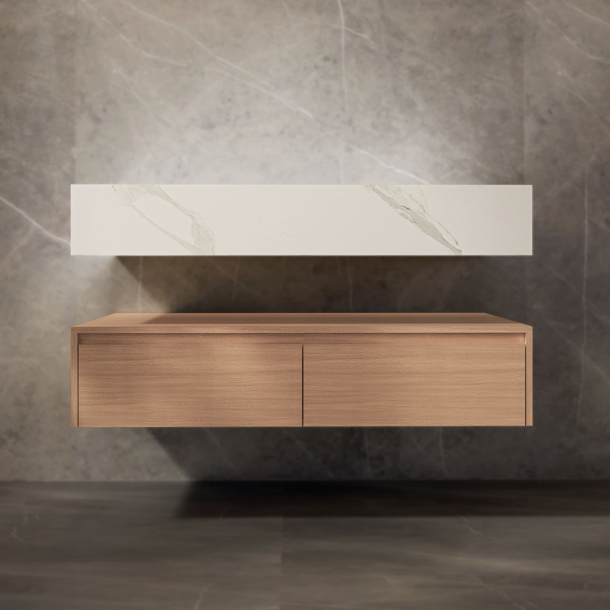 48"/ 60" Wall Mount Bathroom Vanity - Stone Integrated Basin & Plywood Cabinet - VanitySmoked Oak