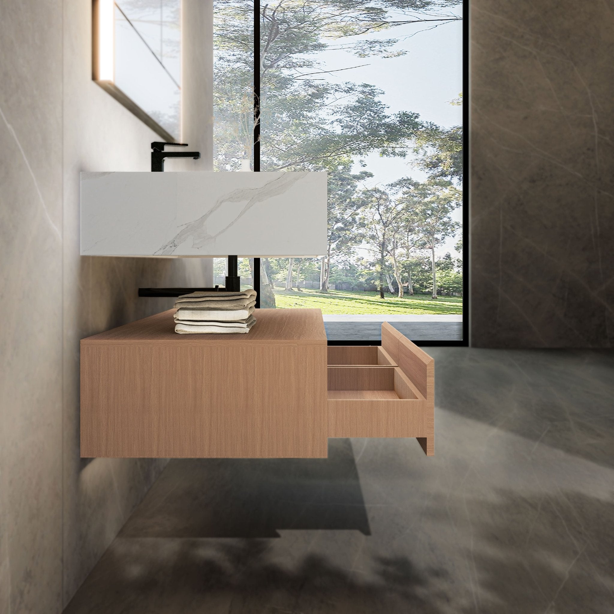 48"/ 60" Wall Mount Bathroom Vanity - Stone Integrated Basin & Plywood Cabinet - VanitySmoked Oak