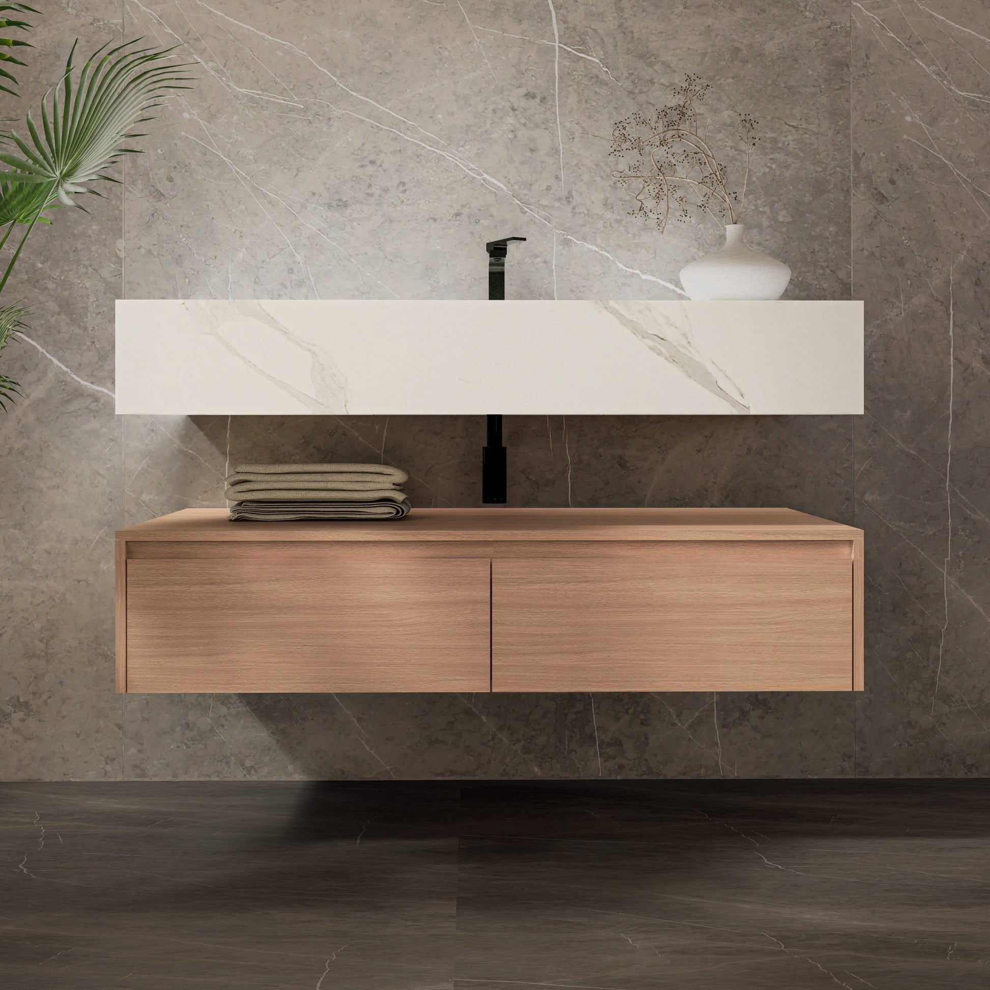 48"/ 60" Wall Mount Bathroom Vanity - Stone Integrated Basin & Plywood Cabinet - VanitySmoked Oak