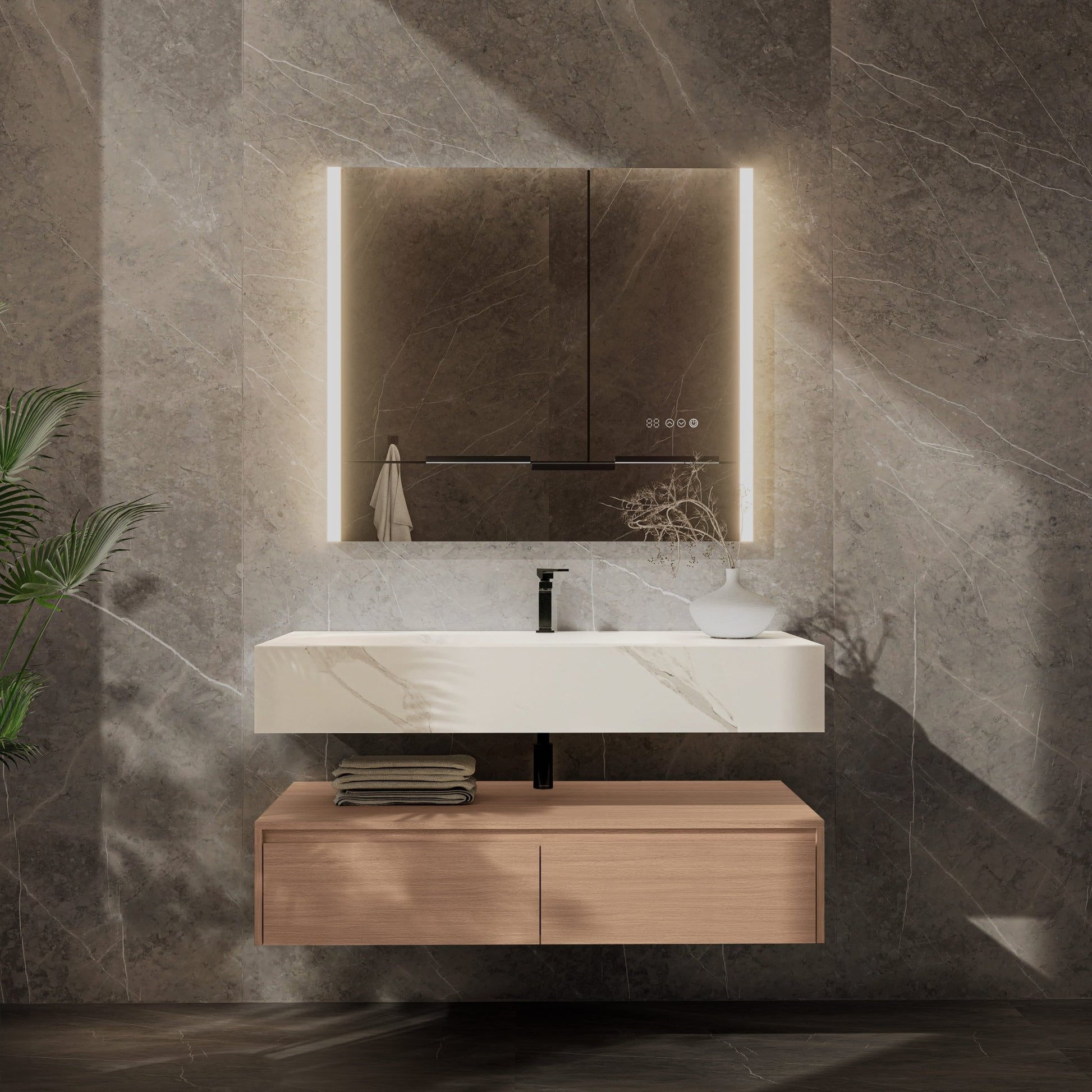 48"/ 60" Wall Mount Bathroom Vanity - Stone Integrated Basin & Plywood Cabinet - VanitySmoked Oak