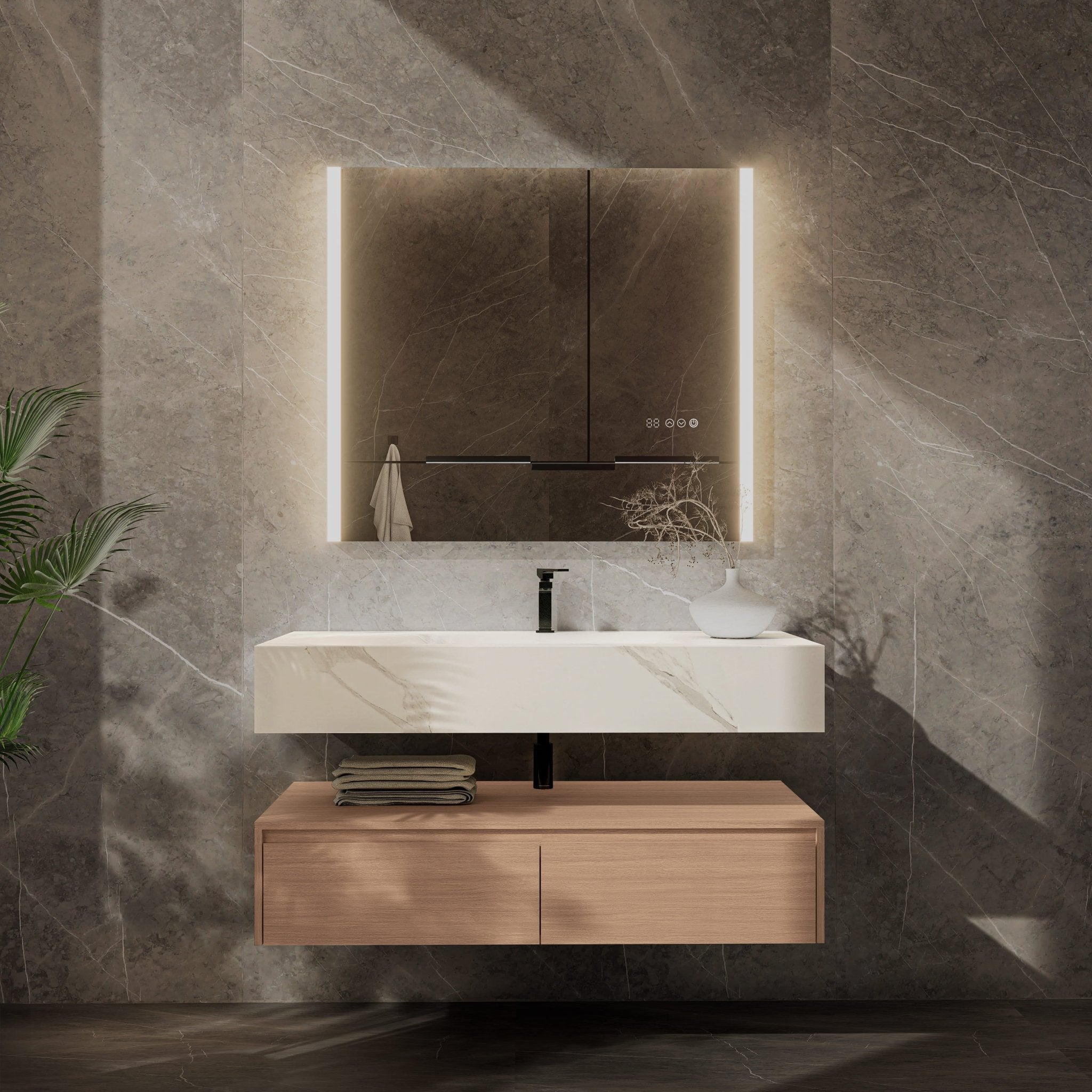 48"/ 60" Wall Mount Bathroom Vanity - Stone Integrated Basin & Plywood Cabinet - VanitySmoked Oak