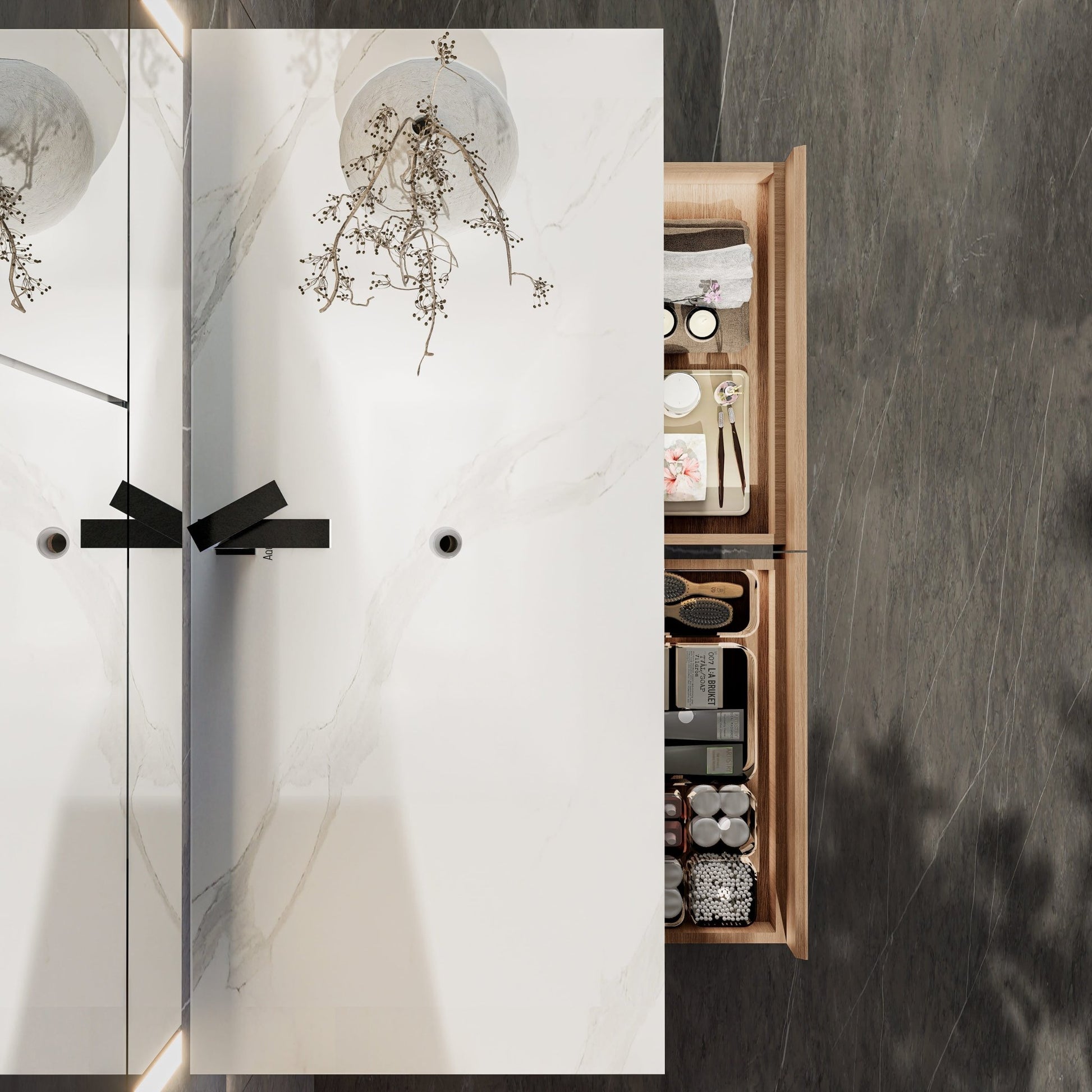 48"/ 60" Wall Mount Bathroom Vanity - Stone Integrated Basin & Plywood Cabinet - VanitySmoked Oak