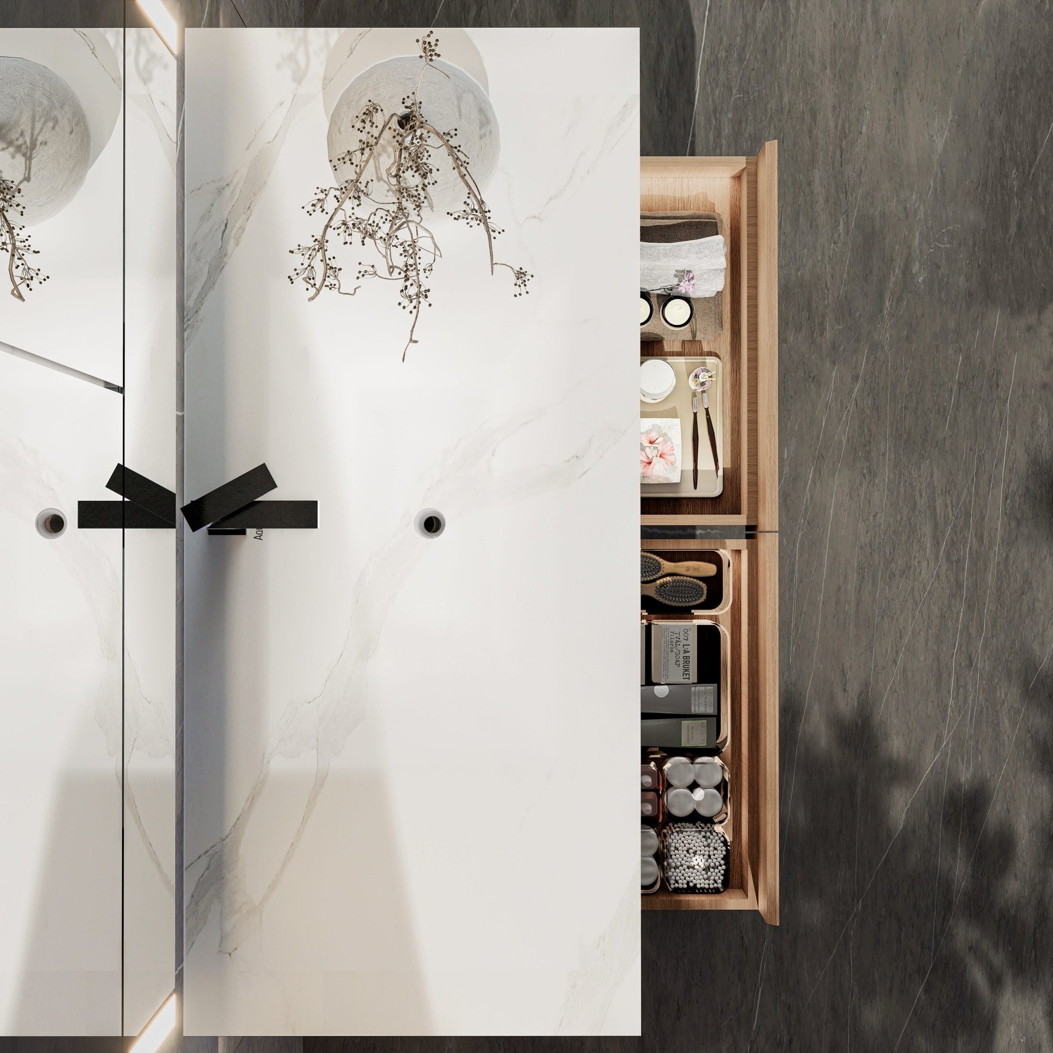 48"/ 60" Wall Mount Bathroom Vanity - Stone Integrated Basin & Plywood Cabinet - VanitySmoked Oak