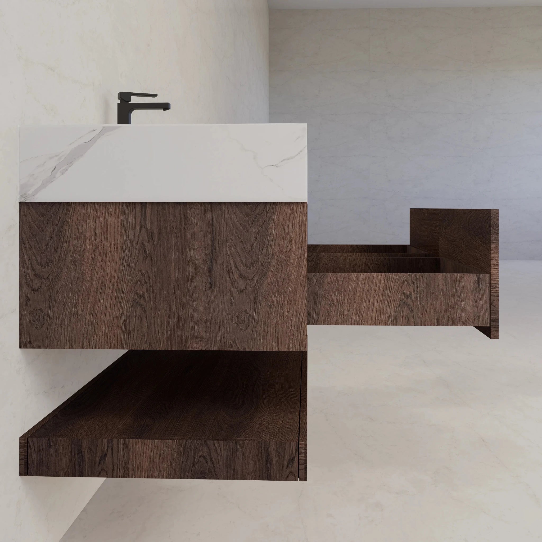 48"/ 60" Walnut Open Shelf Floating Bathroom Vanity - Vanity48"
