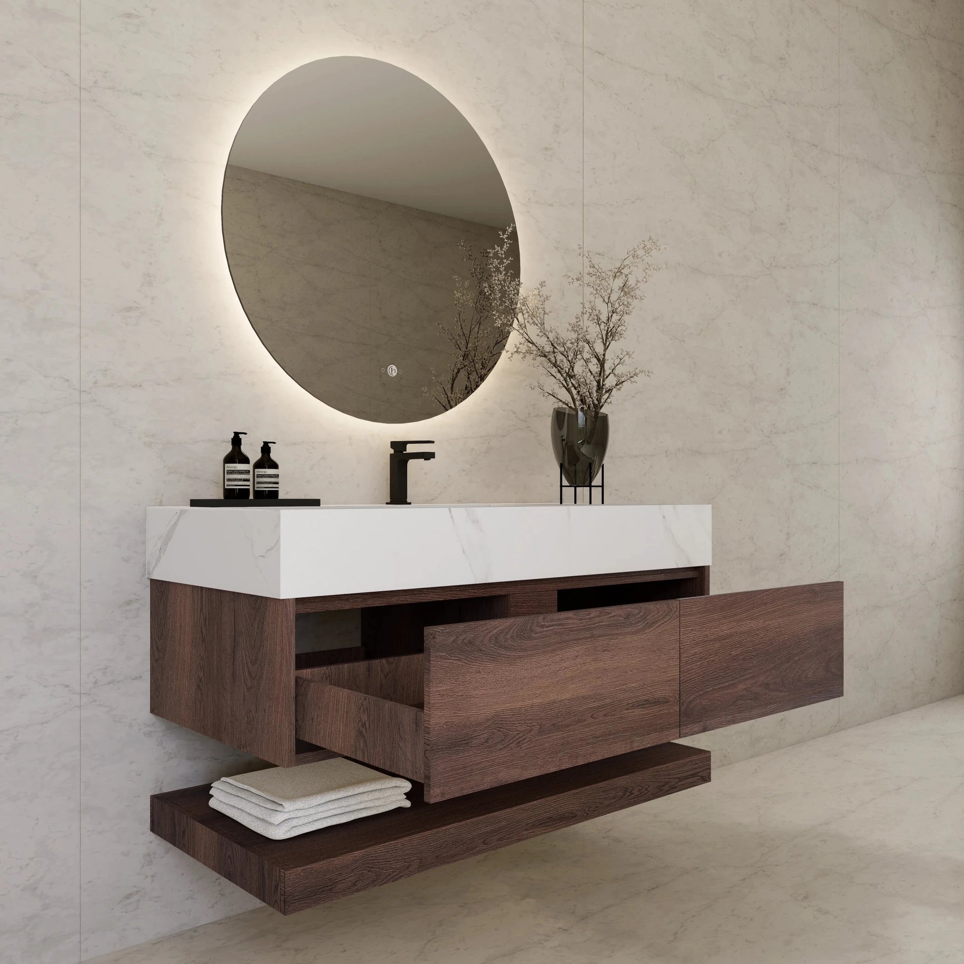 48"/ 60" Walnut Open Shelf Floating Bathroom Vanity - Vanity48"