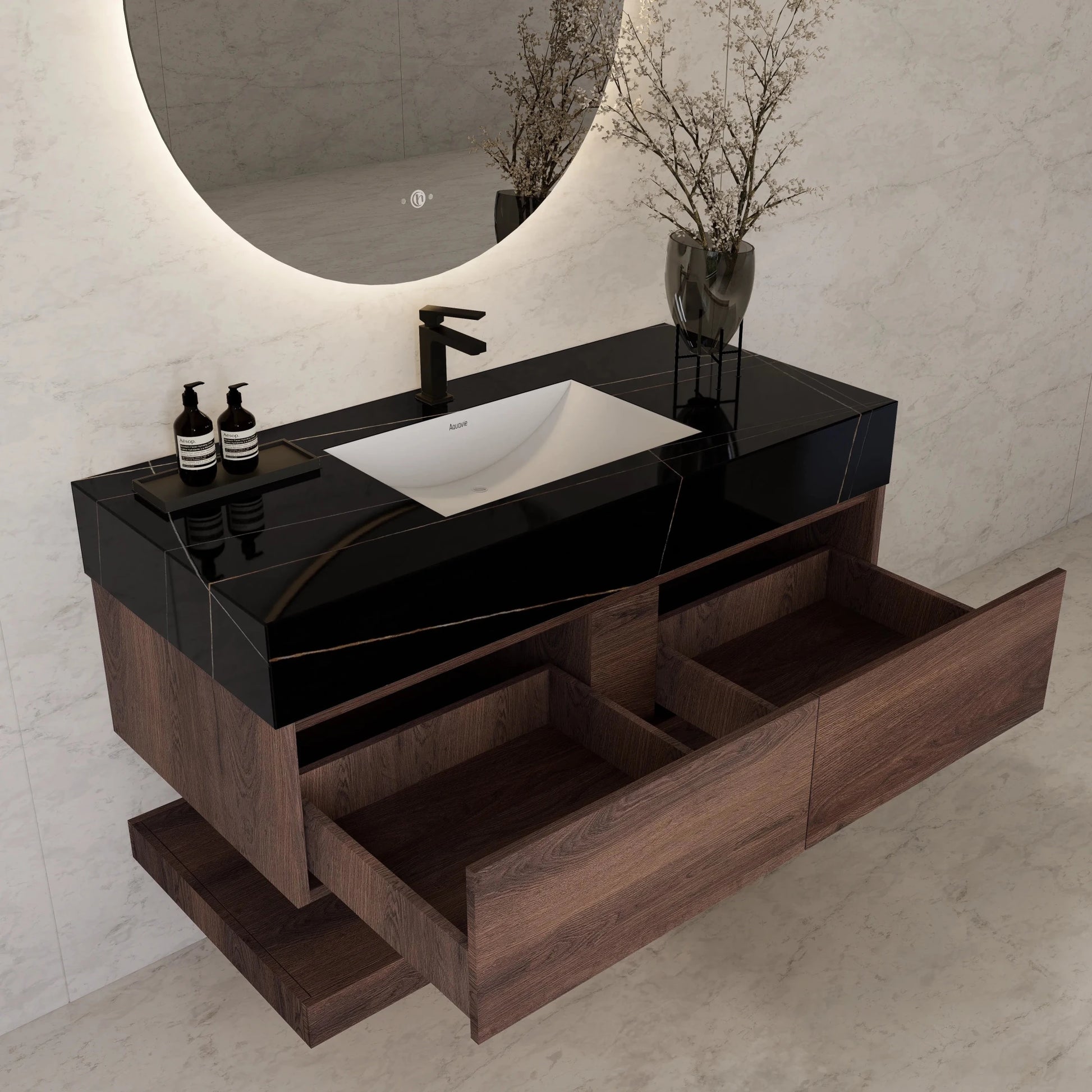 48"/ 60" Walnut Open Shelf Floating Bathroom Vanity - Vanity48"