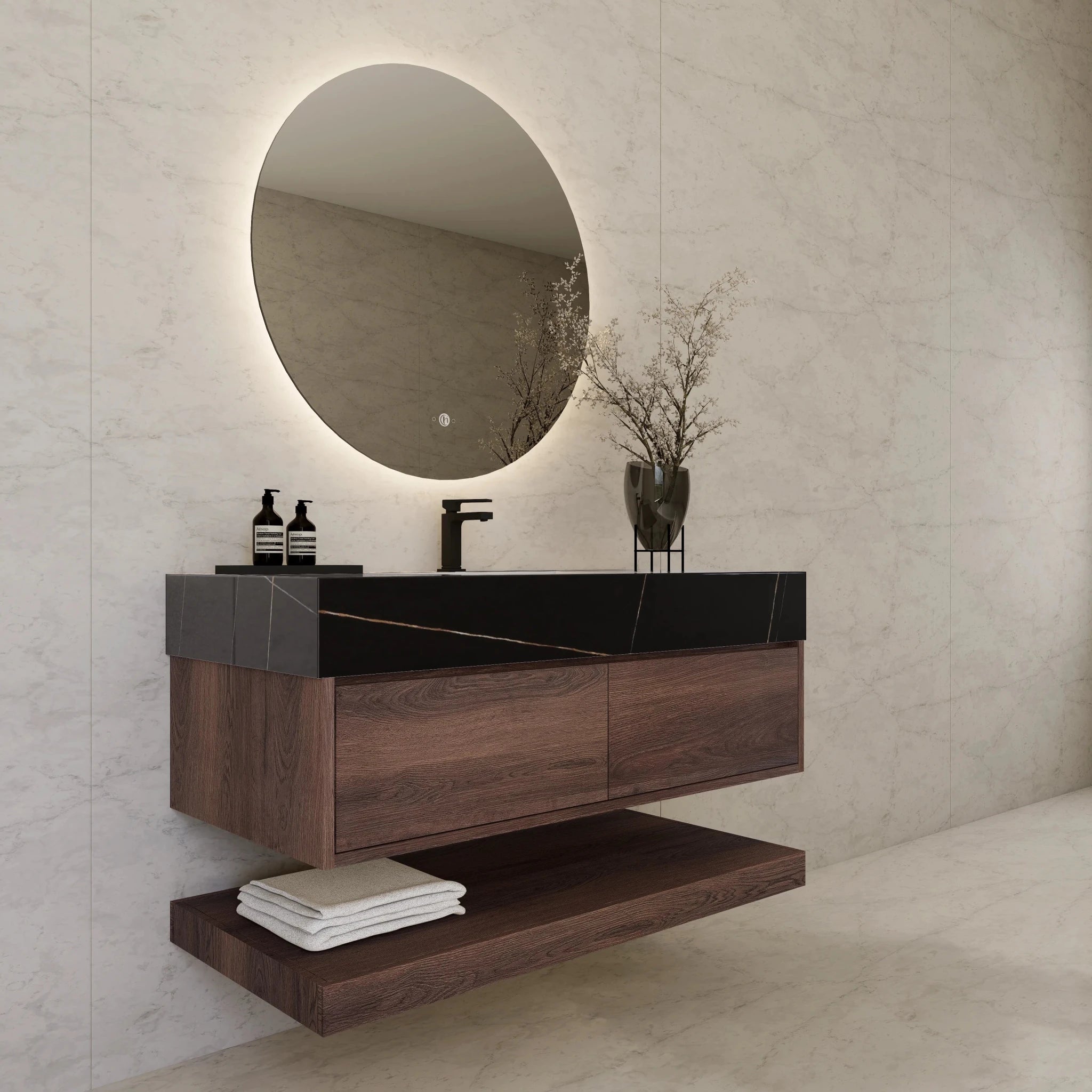 48"/ 60" Walnut Open Shelf Floating Bathroom Vanity - Vanity48"