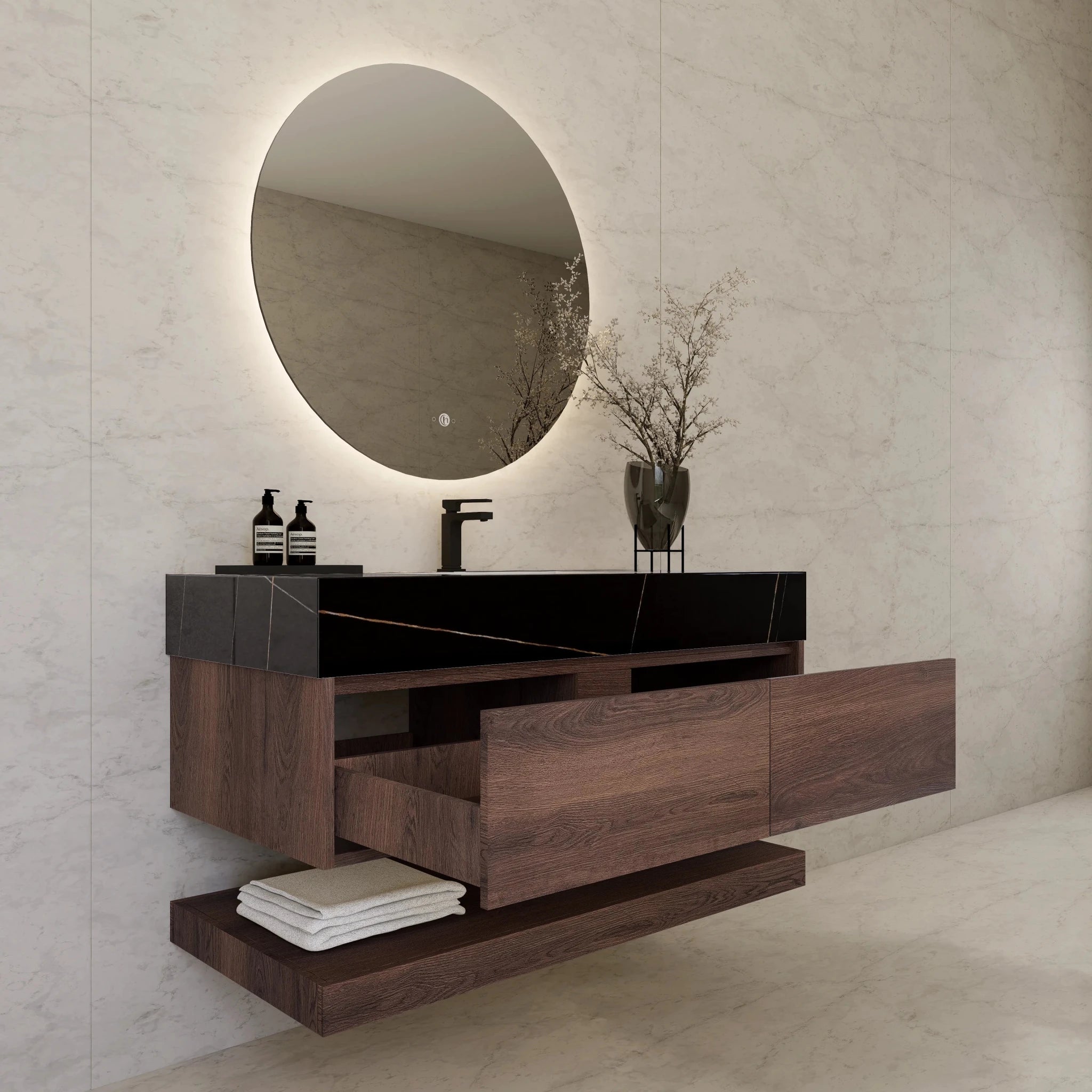 48"/ 60" Walnut Open Shelf Floating Bathroom Vanity - Vanity48"