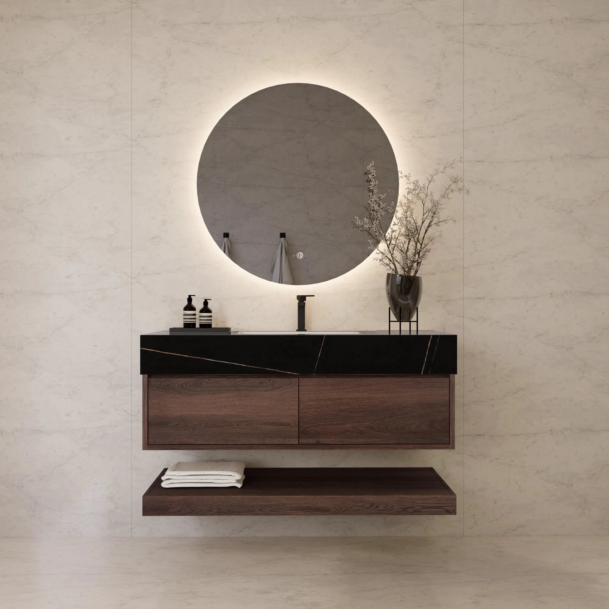 48"/ 60" Walnut Open Shelf Floating Bathroom Vanity - Vanity48"