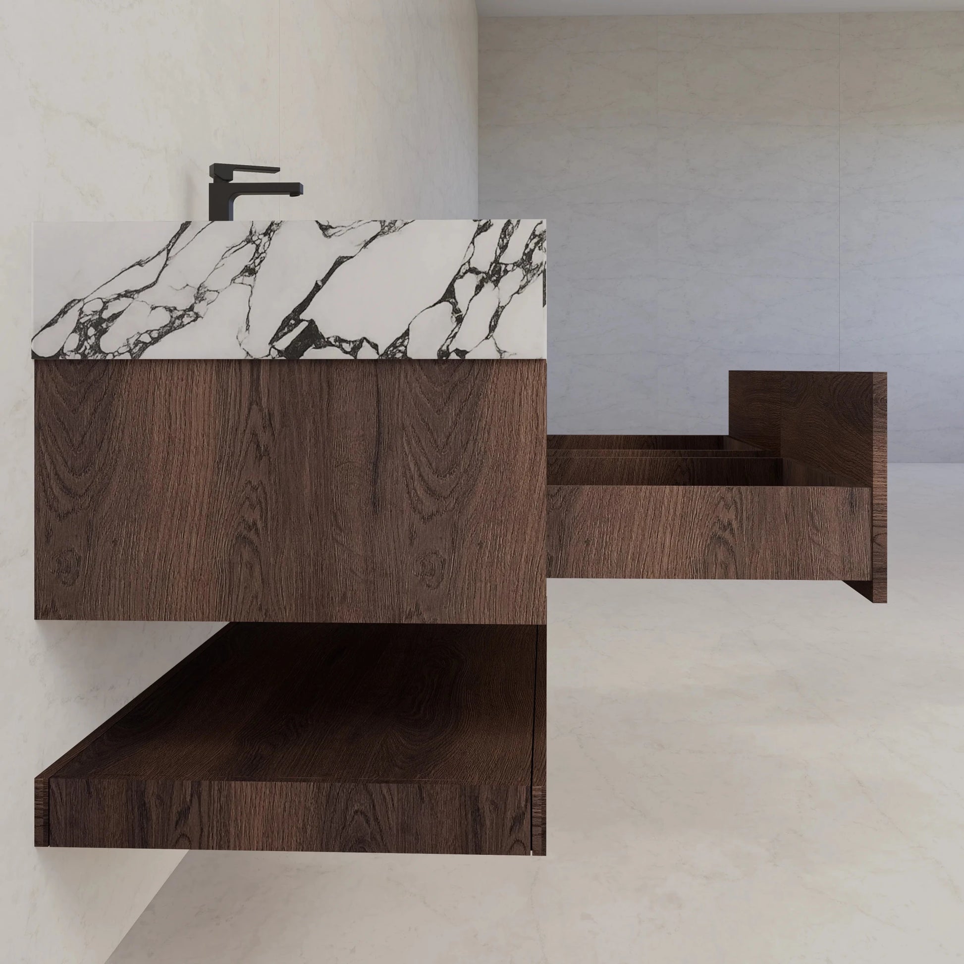 48"/ 60" Walnut Open Shelf Floating Bathroom Vanity - Vanity48"