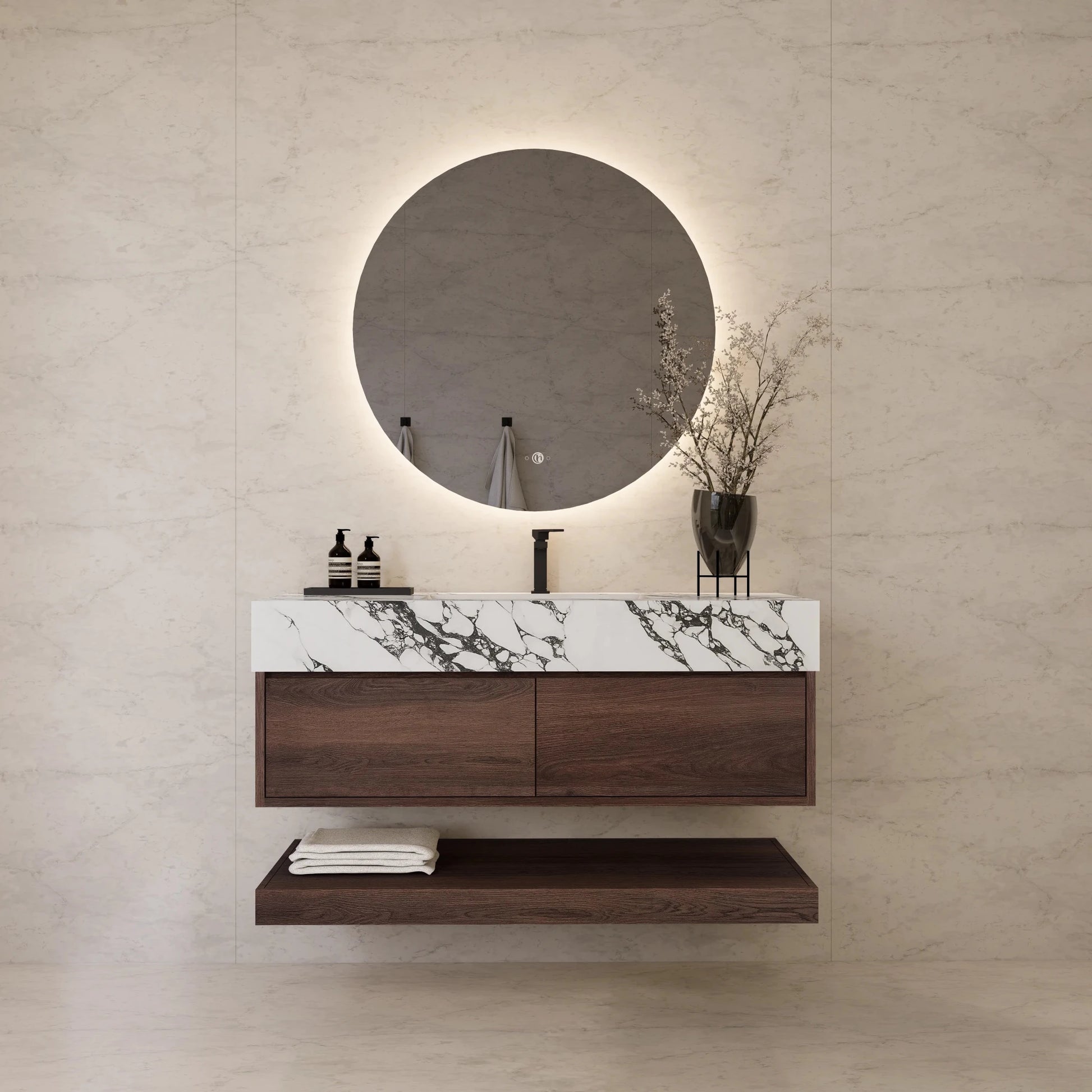 48"/ 60" Walnut Open Shelf Floating Bathroom Vanity - Vanity48"
