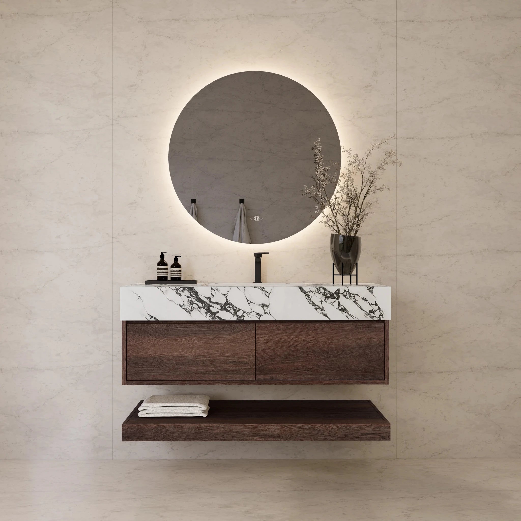 48"/ 60" Walnut Open Shelf Floating Bathroom Vanity - Vanity48"