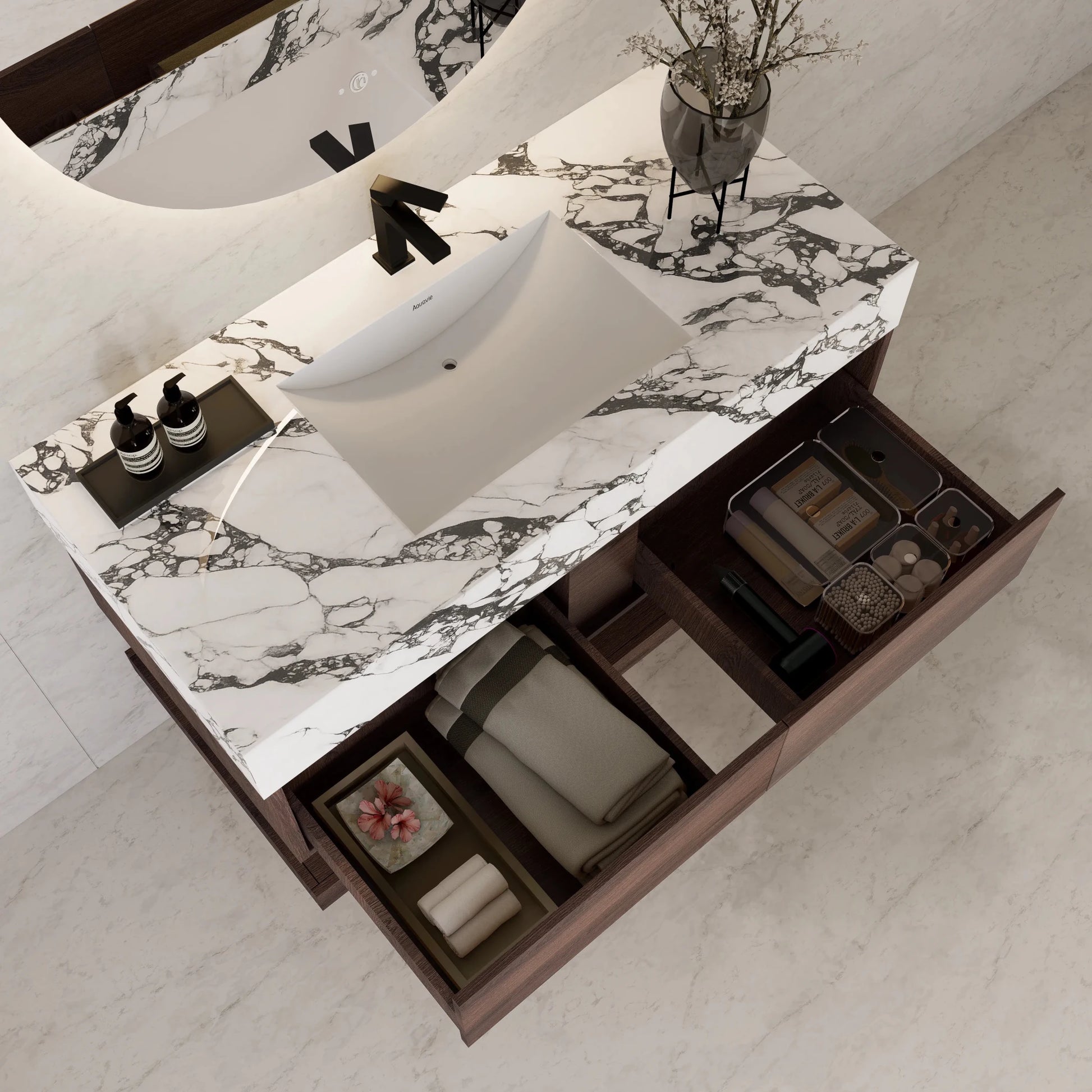 48"/ 60" Walnut Open Shelf Floating Bathroom Vanity - Vanity48"
