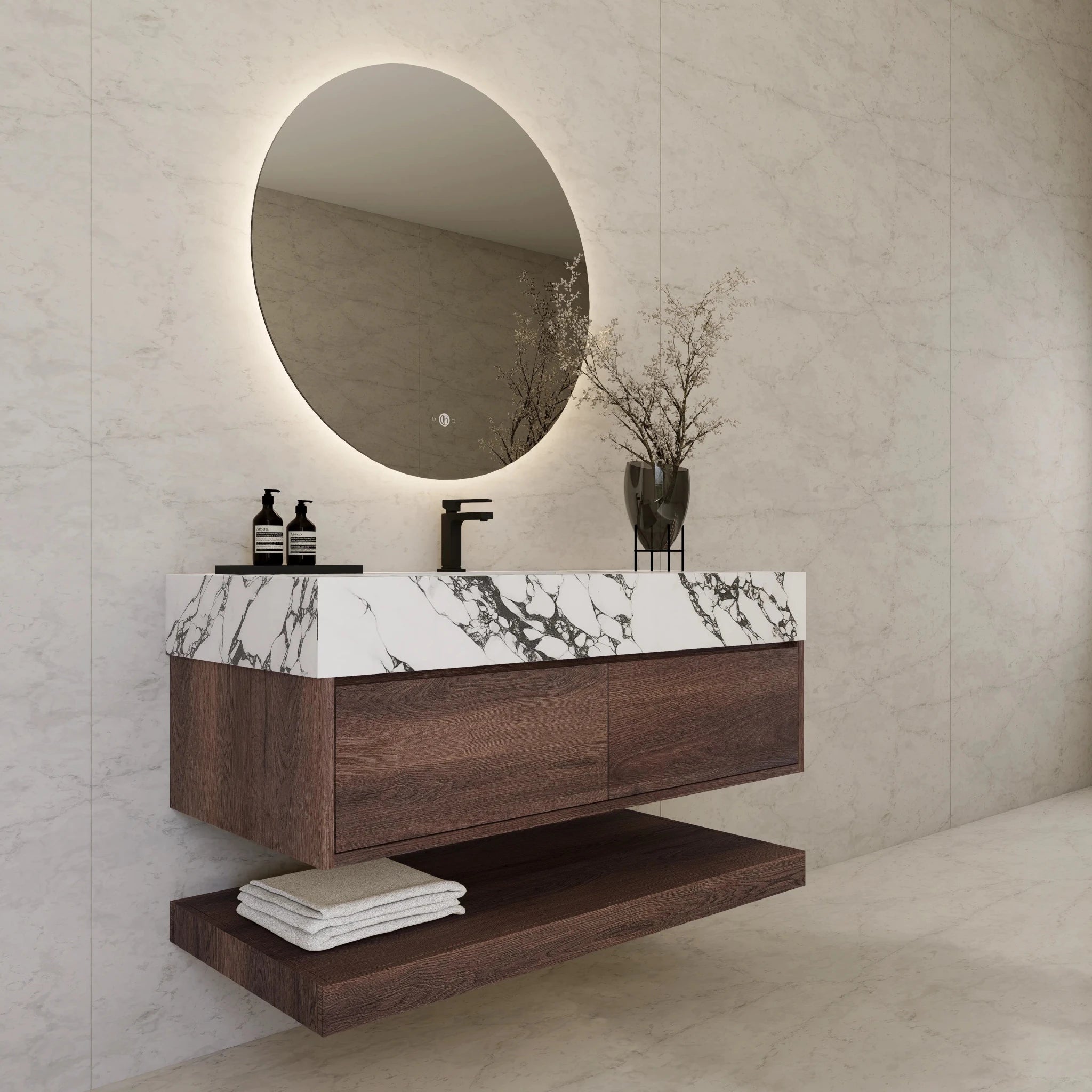 48"/ 60" Walnut Open Shelf Floating Bathroom Vanity - Vanity48"